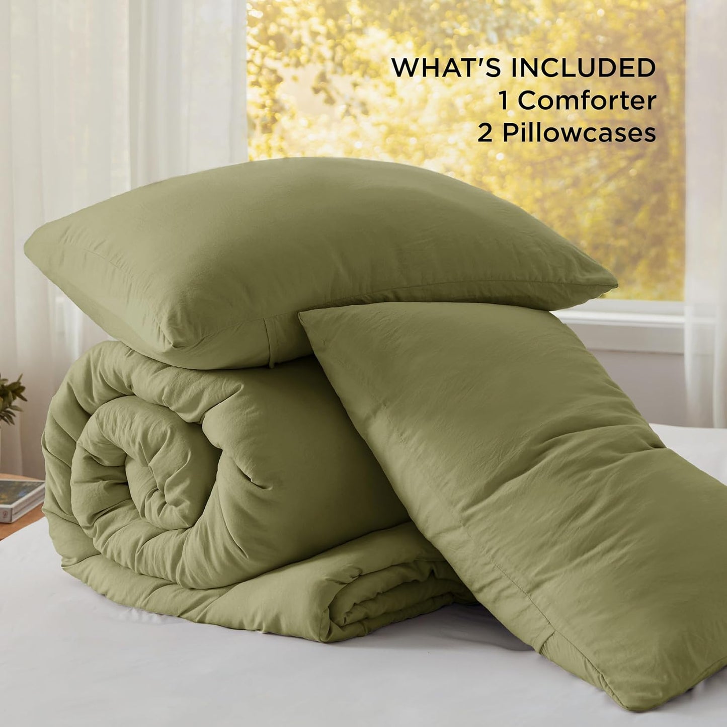 Bedsure King Size Comforter Set, Olive Green Soft Prewashed Bedding for All Seasons, 3 Pieces GentleSoft™ Warm Down Alternative Bed Set, 1 Lightweight Comforter (104"x90") and 2 Pillowcases (20"x36")