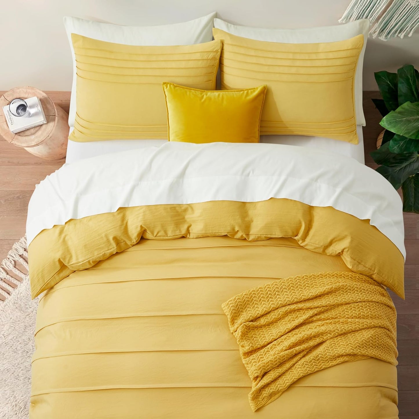 Oli Anderson Mist Yellow Duvet Cover King Size - Pleated King Duvet Cover, 3PCS Soft and Breathable Textured Bedding Set with Zipper Closure(Mist Yellow,104"x90")