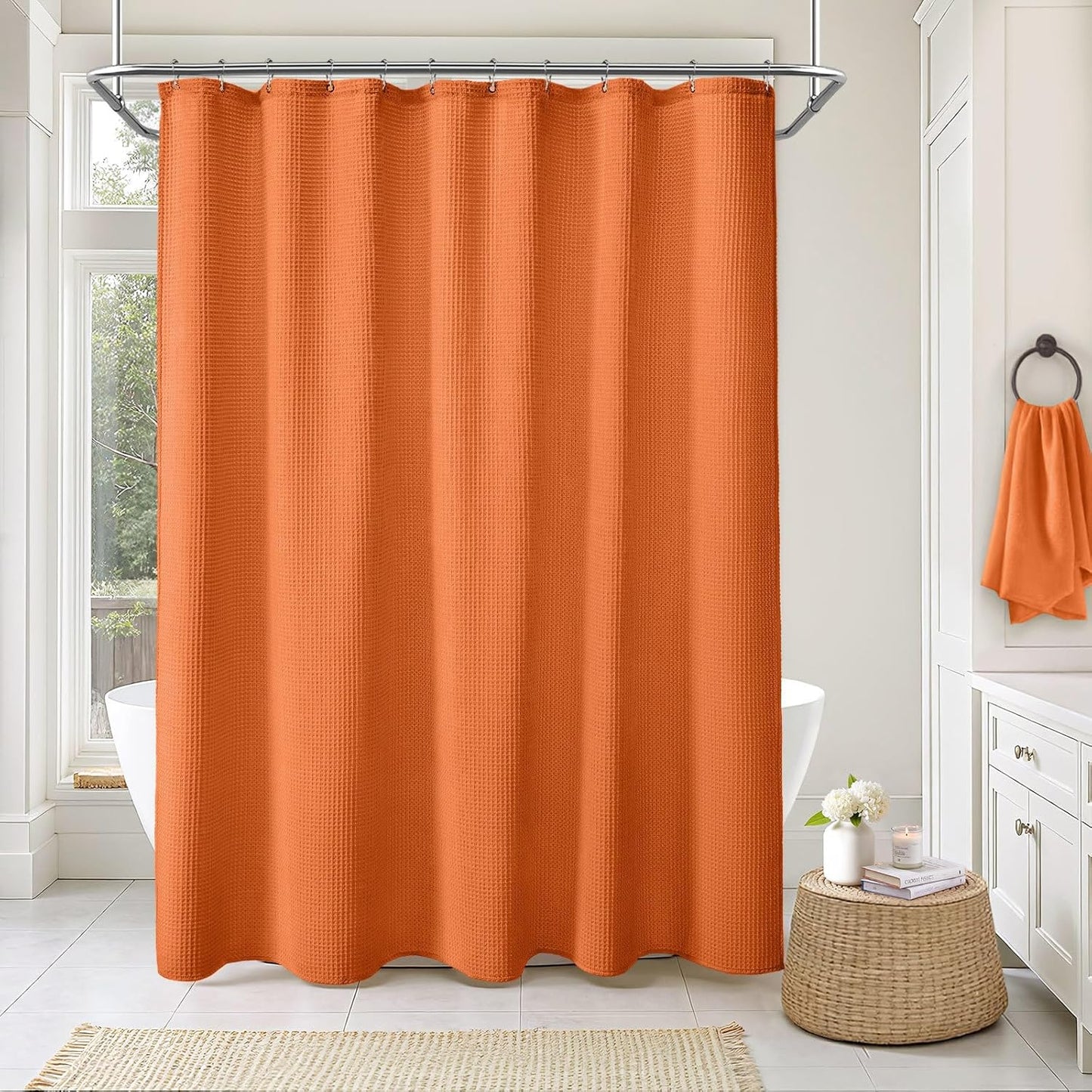 Waffle Weave Shower Curtain - Orange Cotton Fabric Texture Heavyweight Shower Curtain for Bathroom,Washable,72Wx72L