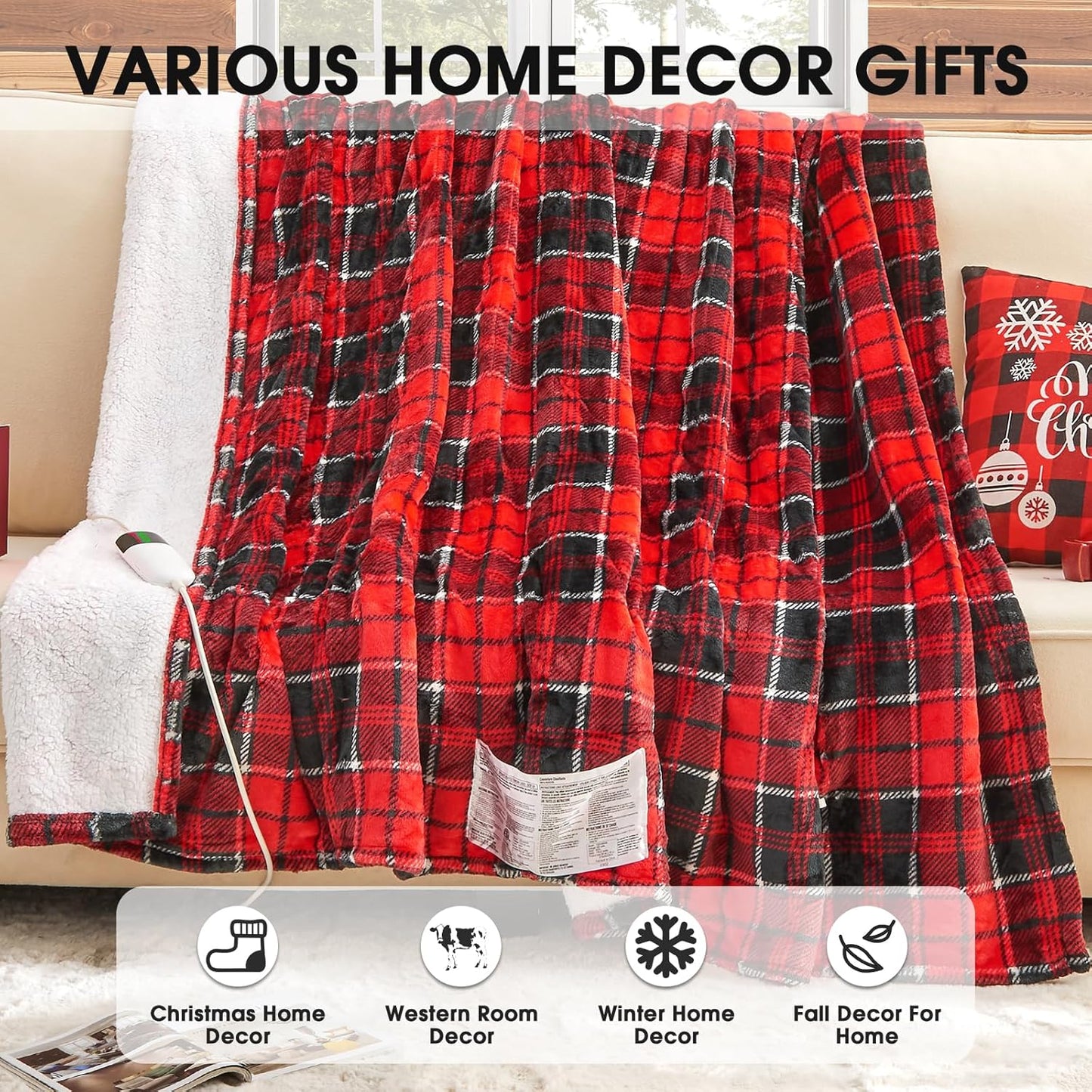 Heated Electric Blanket Twin Size,62X84 Heating Blanket,Red Plaid Soft Sherpa Blankets Warmer Gift for Grandma Women Adult,Fast Heating Washable