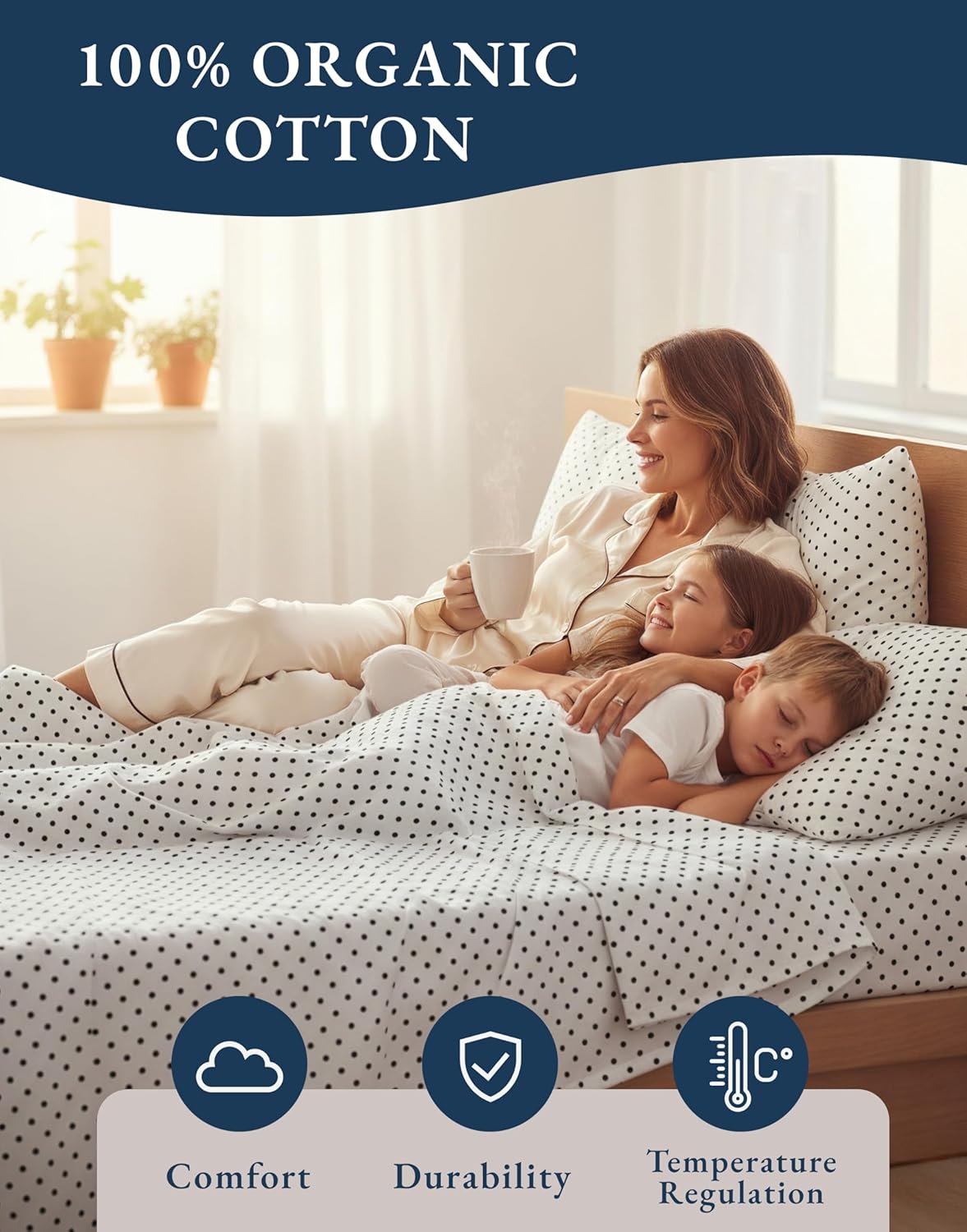 LANE LINEN 100% Organic Cotton Twin XL Sheets Set 3-Piece Pure Percale Bedsheets Bedding Breathable Fits Mattress Upto 15" Deep - Black Polka Dot