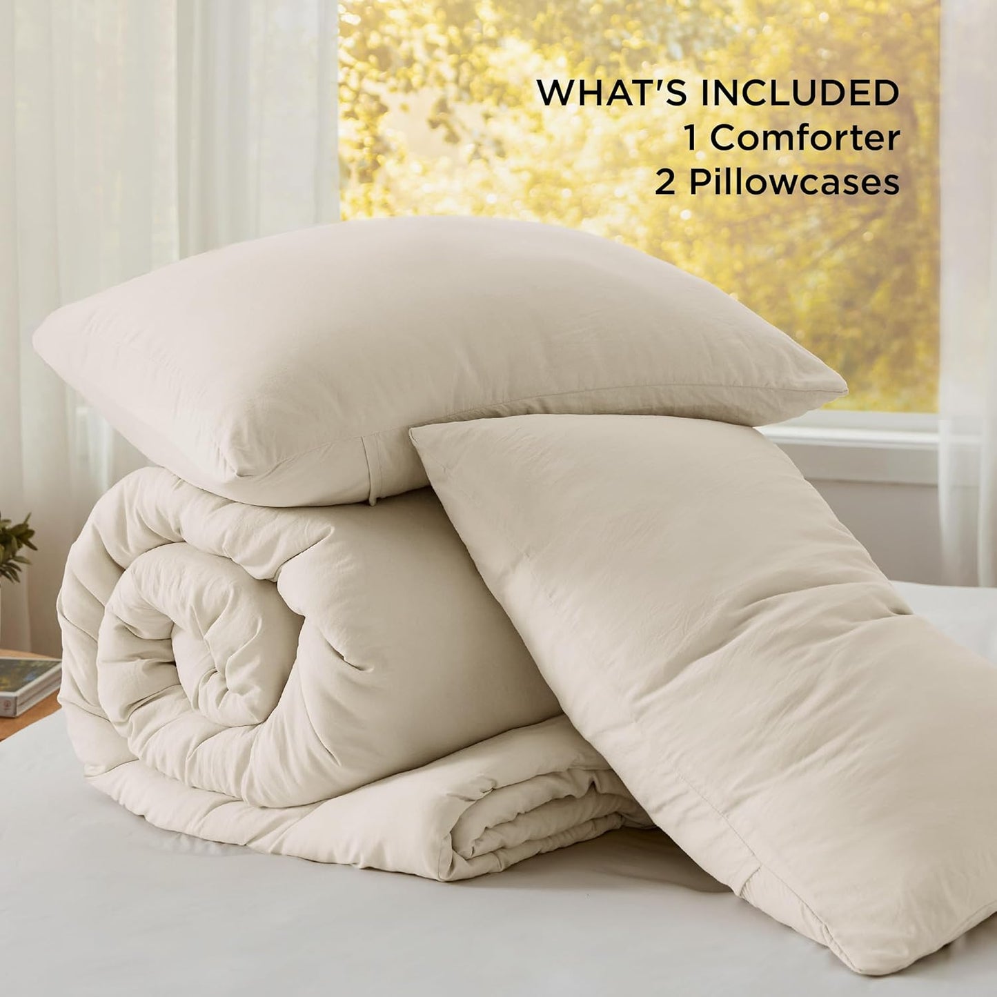 Bedsure Queen Size Comforter Set, Cream Soft Prewashed Bedding for All Seasons, 3 Pieces GentleSoft™ Warm Down Alternative Bed Set, 1 Lightweight Comforter (90"x90") and 2 Pillowcases (20"x26")