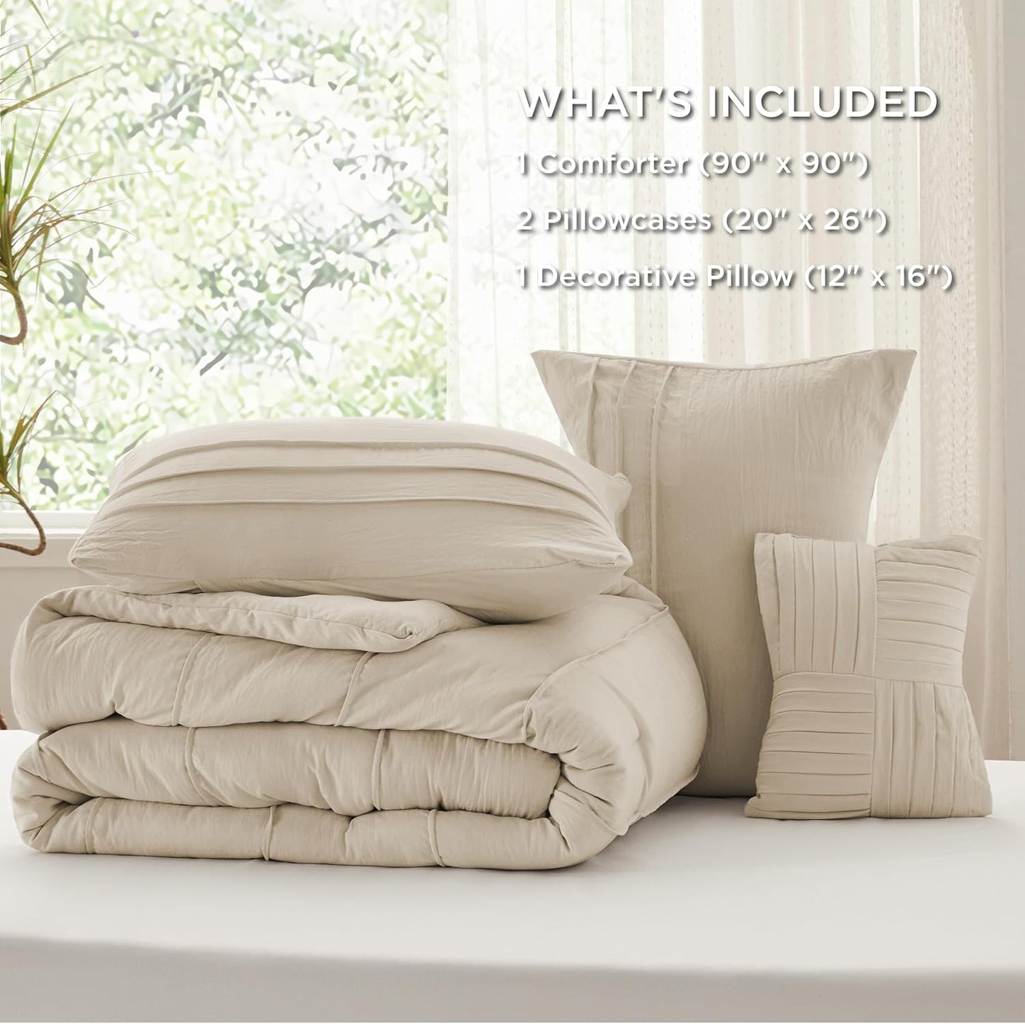 Bedsure Queen Comforter Set - 4 Pieces Pinch Pleat Bed Set, Linen Boho Bedding for All Season, 1 Soft Comforter, 2 Pillowcases, 1 Decorative Pillow