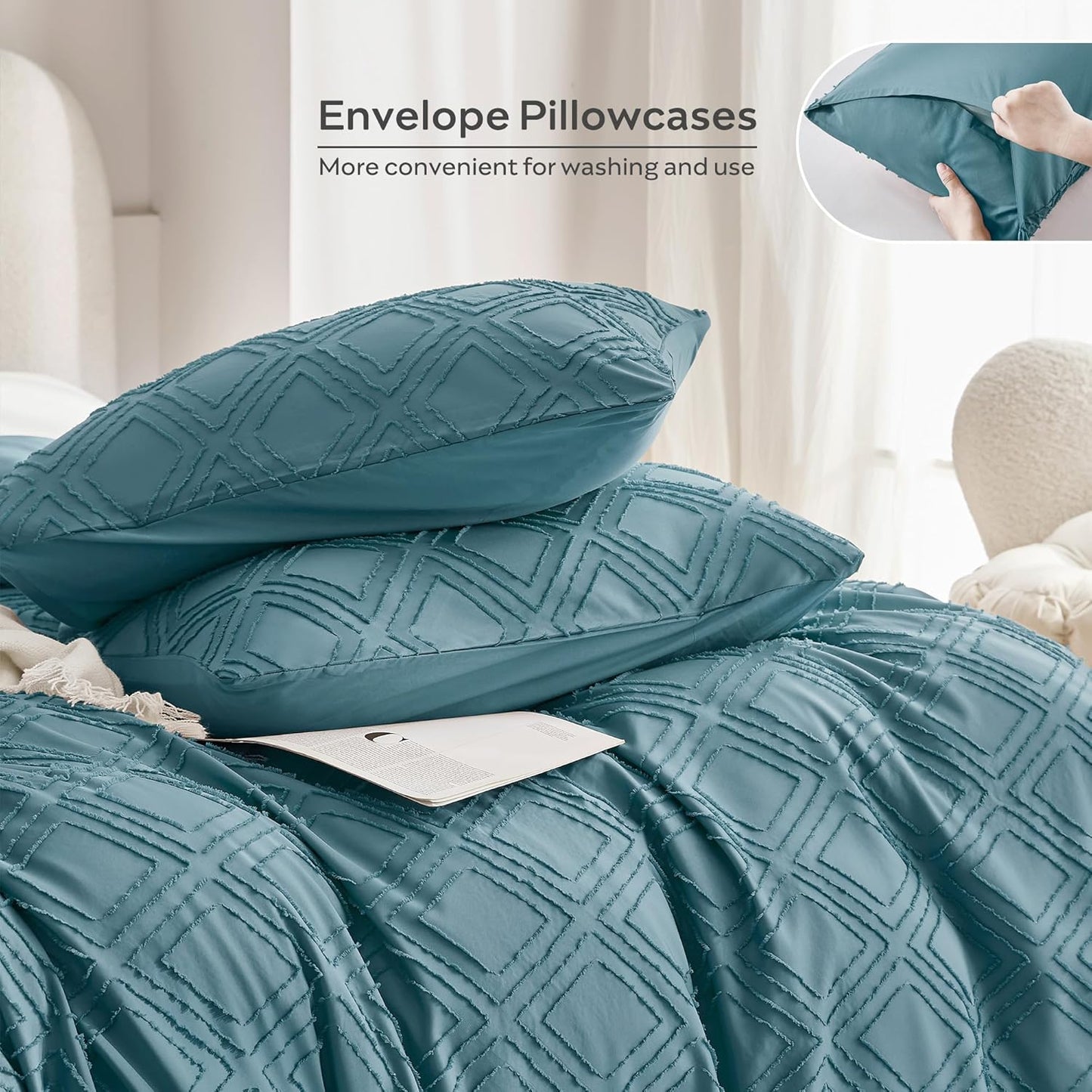 JELLYMONI Duvet Cover Full Size Grayish Blue - 3PCS Boho Duvet Cover Set Plaid Polyester Tufted Bohemian Jacquard Knit Textured Comforter Cover 80×90in Rhombic Geometric Pattern Corner Ties & Zipper