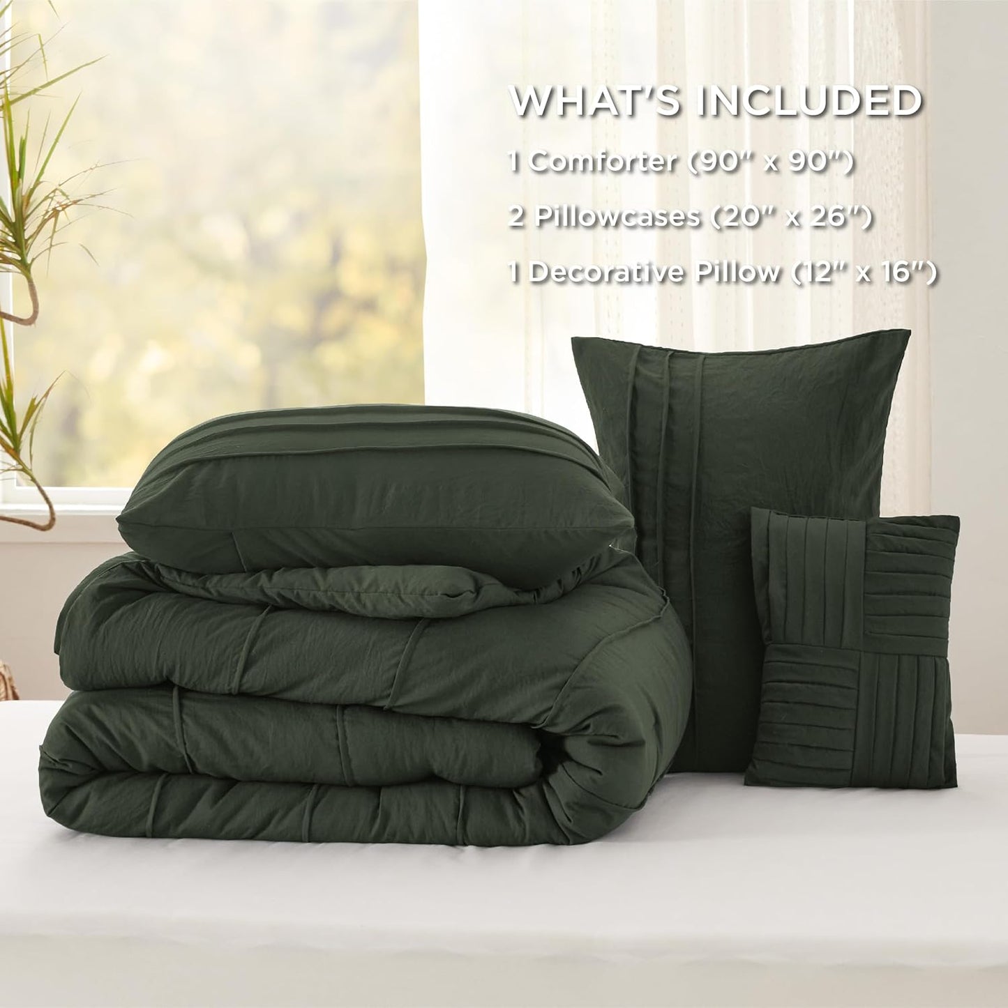 Bedsure Queen Comforter Set - 4 Pieces Pinch Pleat Bed Set, Olive Green Boho Bedding for All Season, 1 Soft Comforter, 2 Pillowcases, 1 Decorative Pillow
