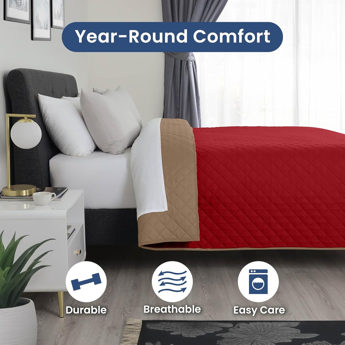 Martex Reversible Coverlet – King Bed Quilt – Lightweight King Size Bedding – Durable King Size Quilts for Bed – Soft - Easy Care Bedding – Khaki/Red