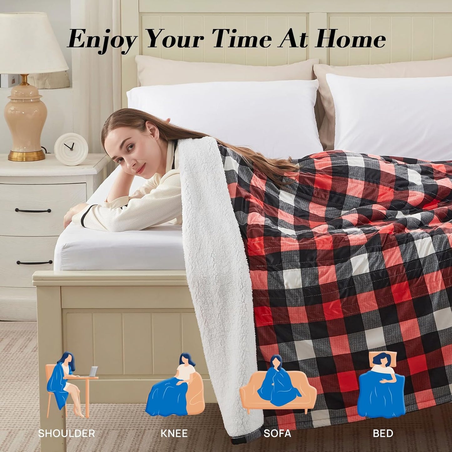 Westinghouse Full Size Heated Blanket Electric Blanket, Flannel & Sherpa Heating Blanket with10 Heating Levels & 1 to 12 Hours Heating Time Settings, Fast Heating Blanket Red Plaid, 72x84 Inches