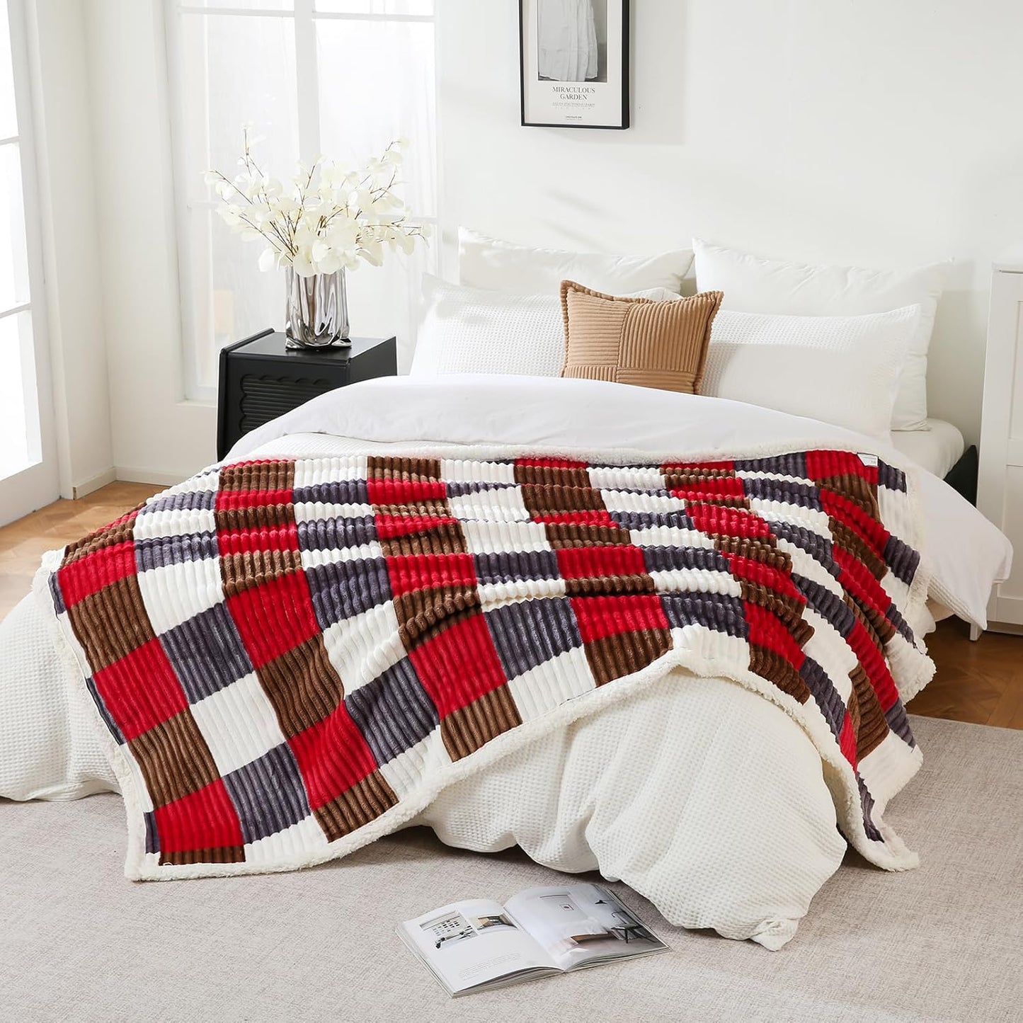 PU MEI Sherpa Blanket Twin Plaid Thick Bed Blanket, 60”*80” Super Soft Flannel Fuzzy Fleece Reversible Velvet Plush Warm Blanket for Couch (Gray Red Check)