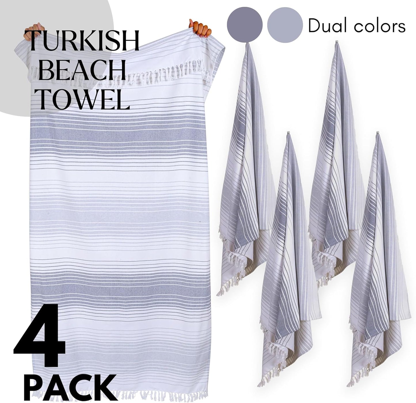 Native Fab Oversized Beach Towel, 4 Pack, 40x71 inches 100% Cotton Turkish Peshtemal for Adults,Soft & Absorbent, Extra Large Beach Towel for Hammam Spa Beach Blanket Bath, Cabana Strips, Grey White