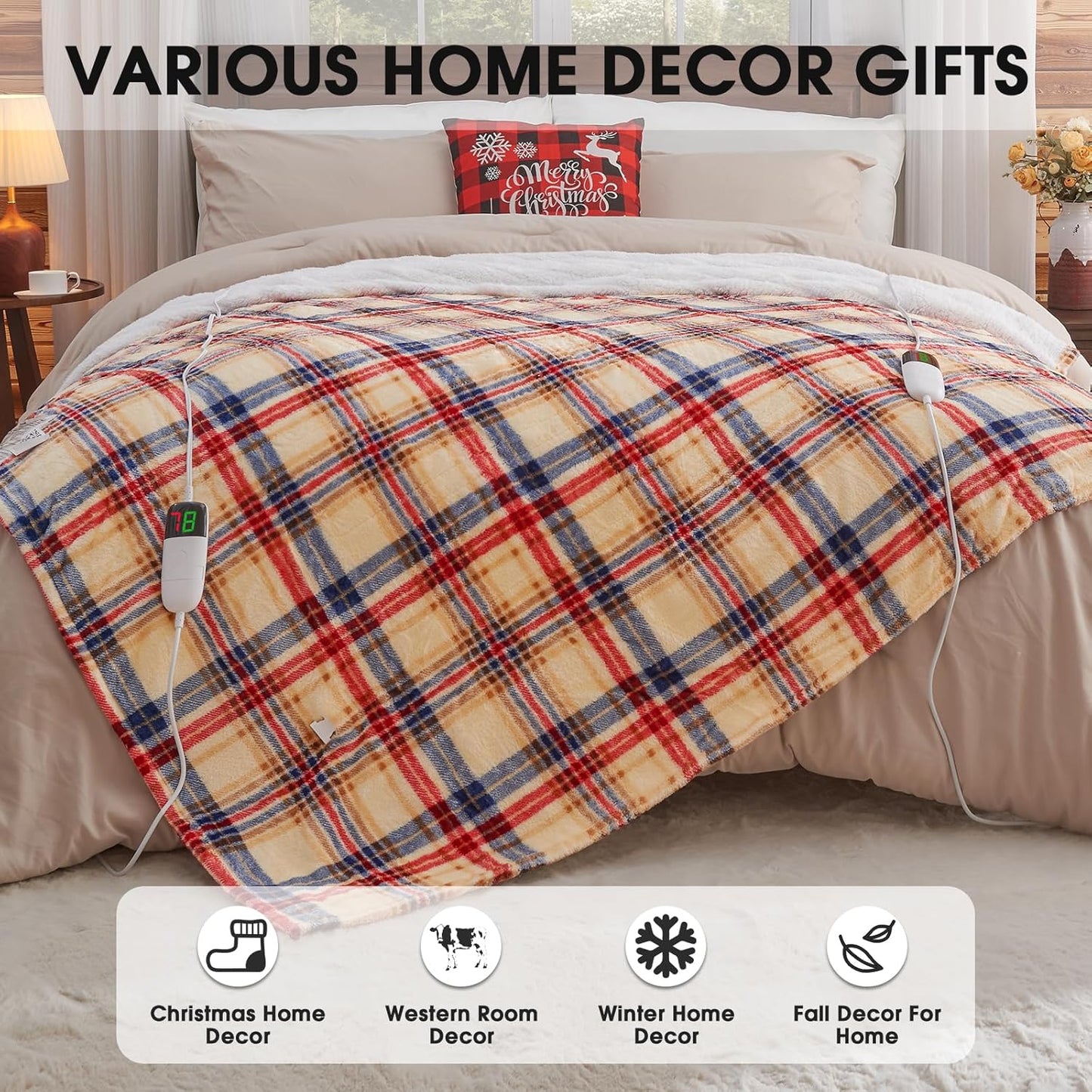 Heated Electric Blanket Queen Size, 84X90 Heating Blanket Queen with Dual Control&10 Heats Levels&Timer for Bed,Brown Plaid Sherpa Soft Blankets Warmer Gift for Grandma Women Adults, Washable