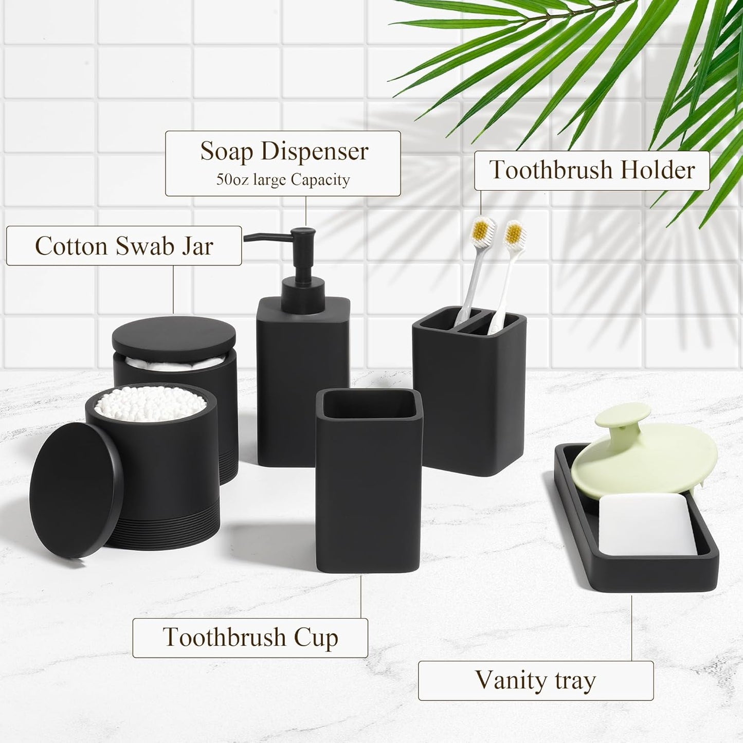 Bathroom Accessories Set, 6 Piece Bathroom Set with Toothbrush Holders, Soap Dispenser, Vanity Tray, Tumbler, Cotton Swab Jars, Bathroom Organizer,Bathroom Sink Sets, Matte Black