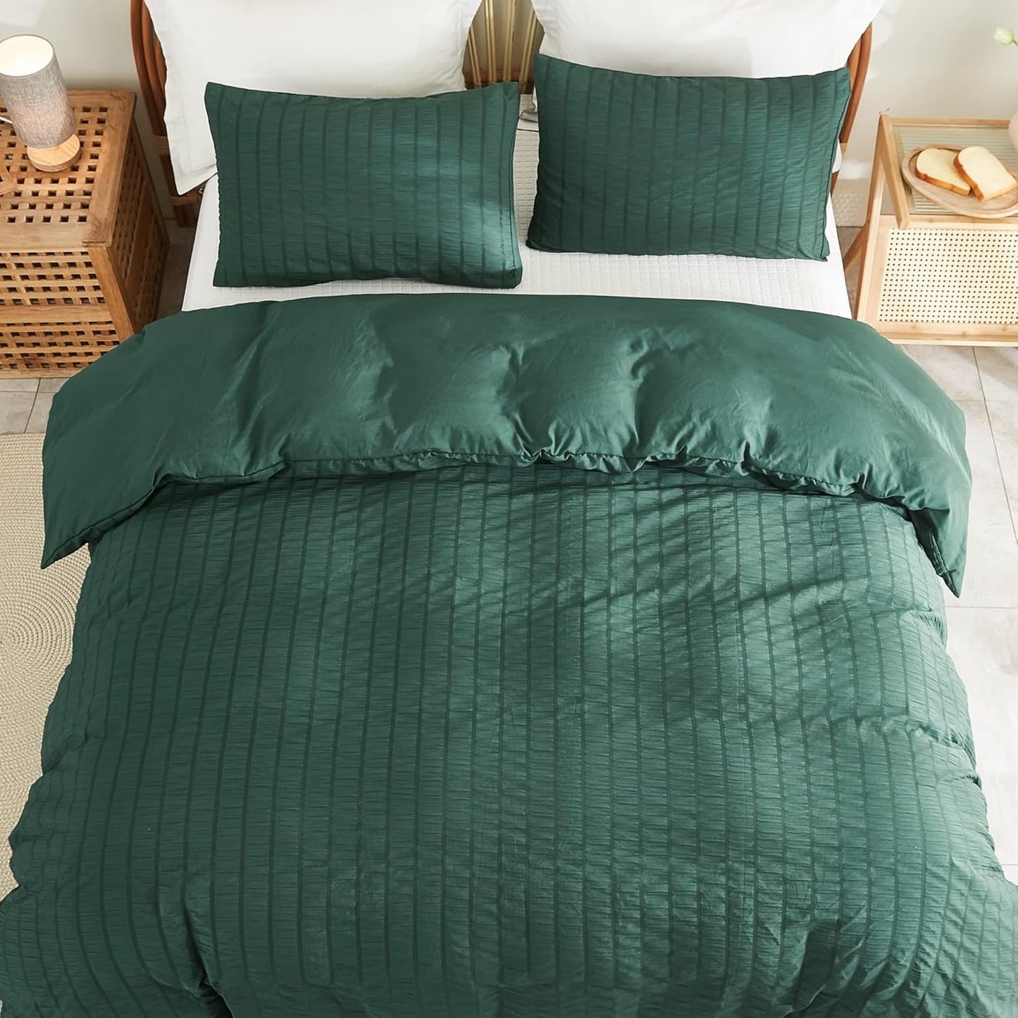 AveLom Dark Green Seersucker Duvet Cover Set Full Size (80 x 90 inches), 3 Pieces (1 Duvet Cover + 2 Pillow Cases), Ultra Soft Washed Microfiber, Textured Duvet Cover with Zipper Closure, Corner Ties