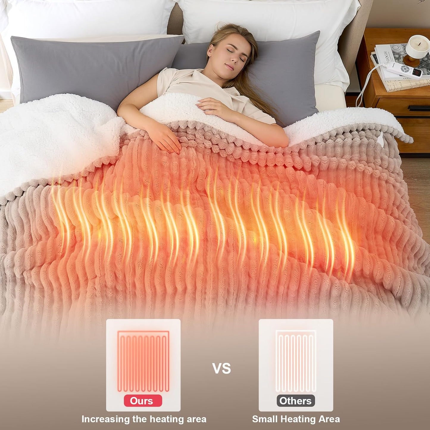 Hansleep Heated Blanket King Size Electric Throw Dual Control, Heating Blanket with 9 Heating Levels and 10-Hour Timer Auto Shut Off, Washable Soft Warm Winter Blanket, 90 x 100 Inches, Linen