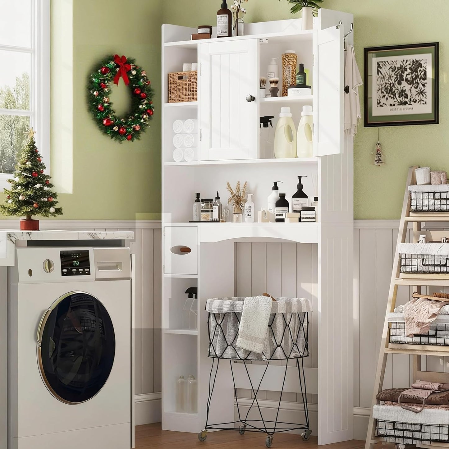 Gizoon Over The Toilet Storage Cabinet, 66''H Over Toilet Bathroom Organizer, Over Toilet Storage Cabinet with 2 Doors, Paper Holder and Racks, Adjustable Shelf, for Bathroom, Laundry, White