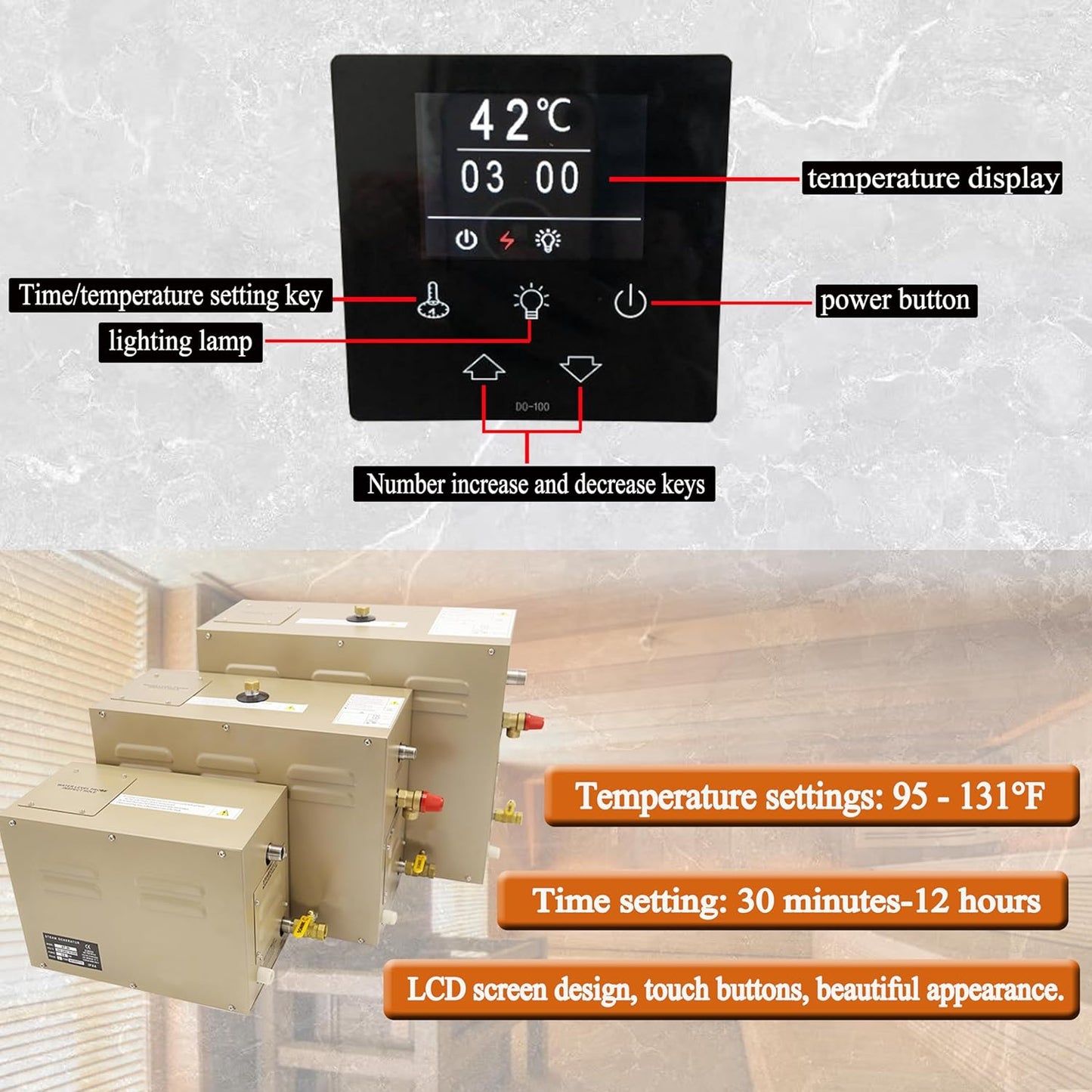 Steam shower generator,15kw Household-Commercial,Steam shower generator kit,with self-draining system,Temperature adjustable 95-131°F,Applicable space 420~560ft3