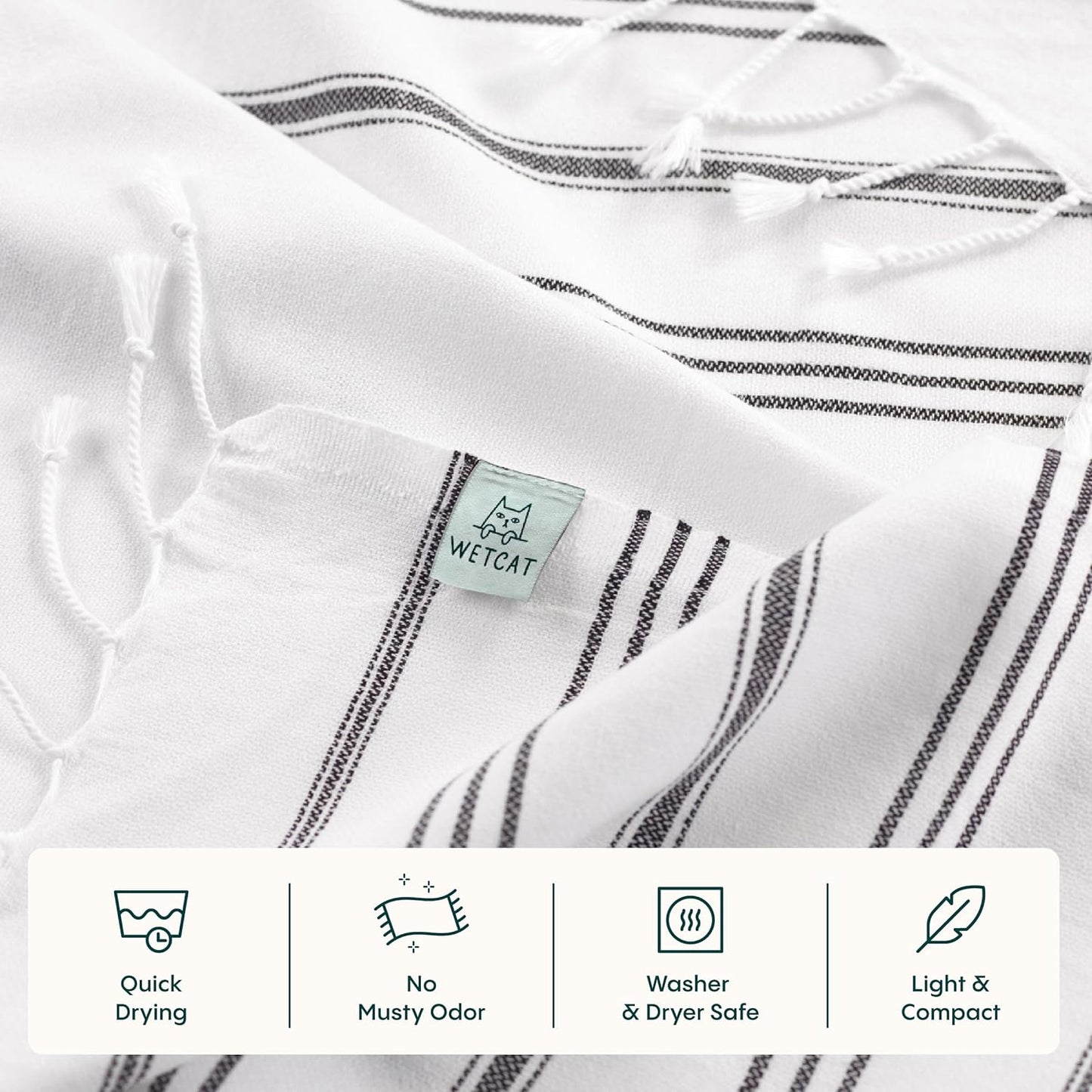 WETCAT Turkish Hand Towels with Hanging Loop, Set of 2 (20" x 30") 100% Turkish Cotton, Pre-Washed, Quick Drying, for Kitchen or Bathroom - Black & White