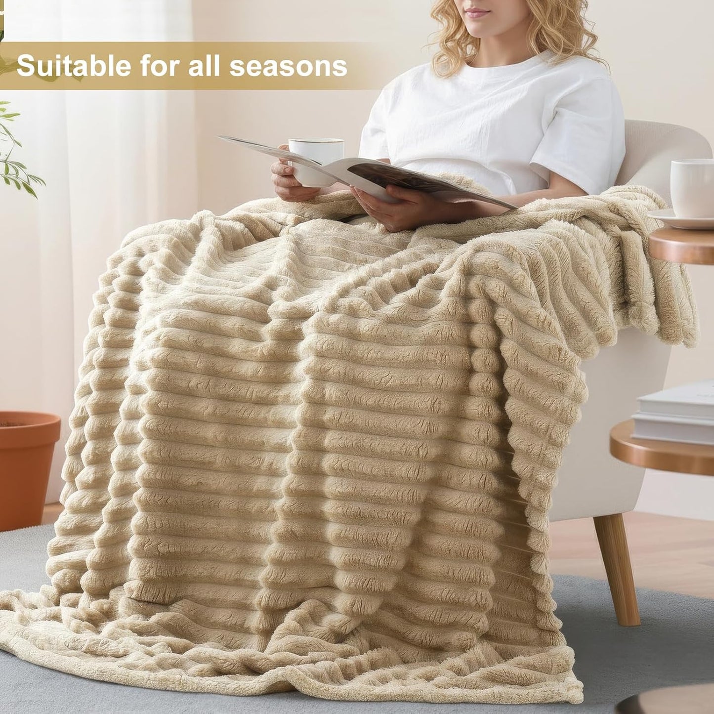 decorUhome Christmas Soft Fleece Light Brown Blanket King Size for Bed, Cozy Fluffy Plush Flannel Large Striped Throws for Couch Sofa, Lightweight Decorative Fuzzy Blanket for Woman, 108x90 Inches