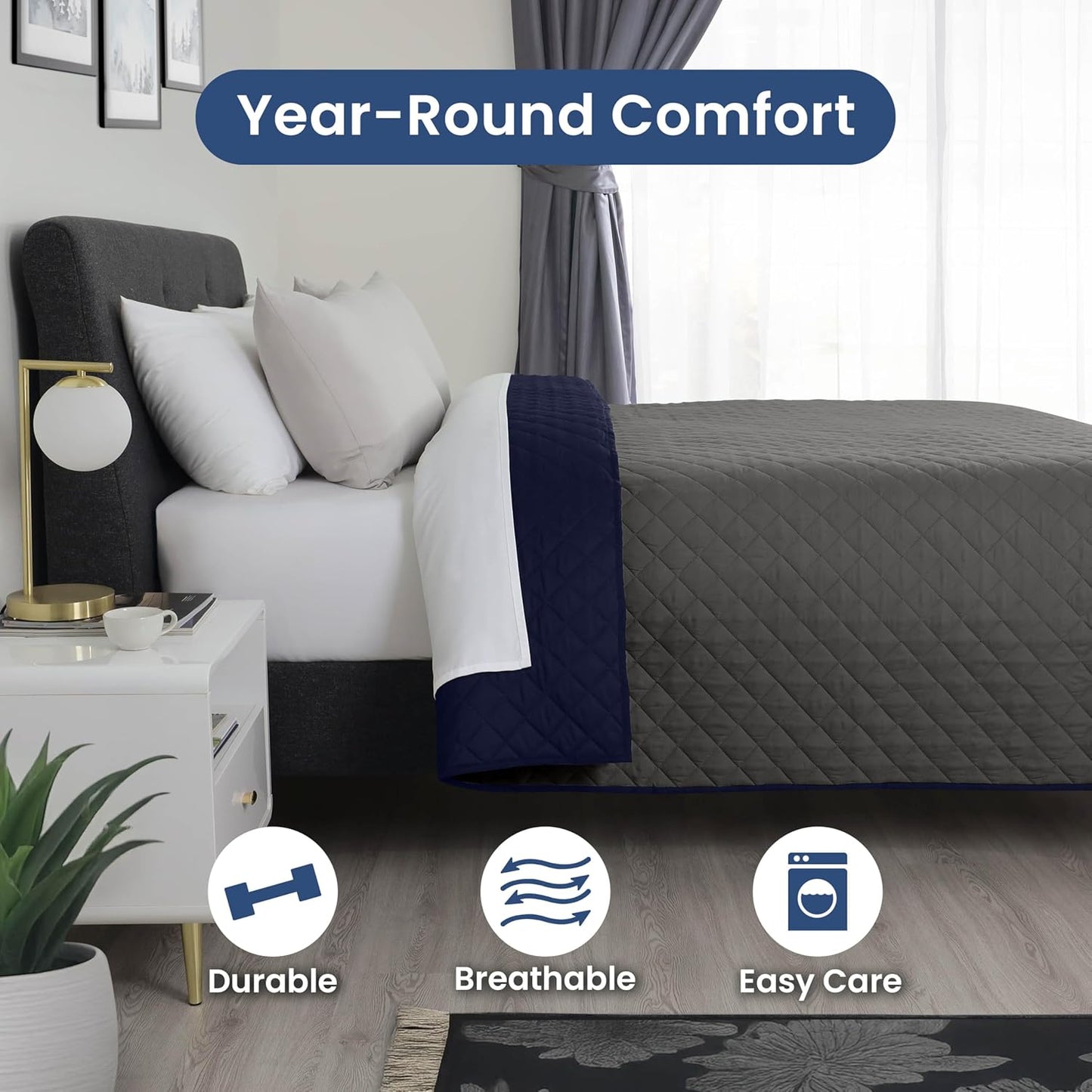 Martex Reversible Coverlet – King Bed Quilt – Lightweight King Size Bedding – Durable King Size Quilts for Bed – Soft - Easy Care Bedding – Graphite/Navy