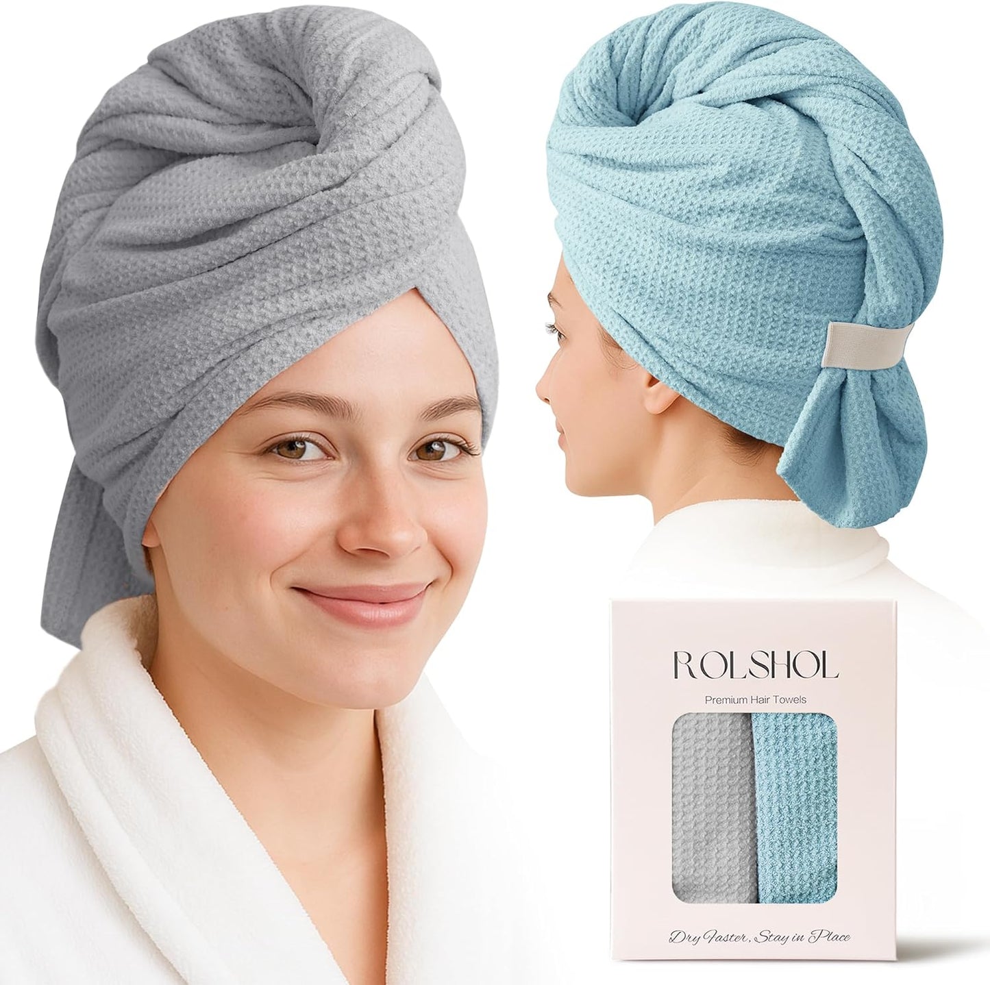 2 Pack Microfiber Hair Towel Wrap for Women, 32" x 11" Waffle Weave Hair Plopping Towel for Curly, Long & Thick Hair, Anti-Frizz Hair Turbans for Wet Hair (Gray,Cyan Blue)