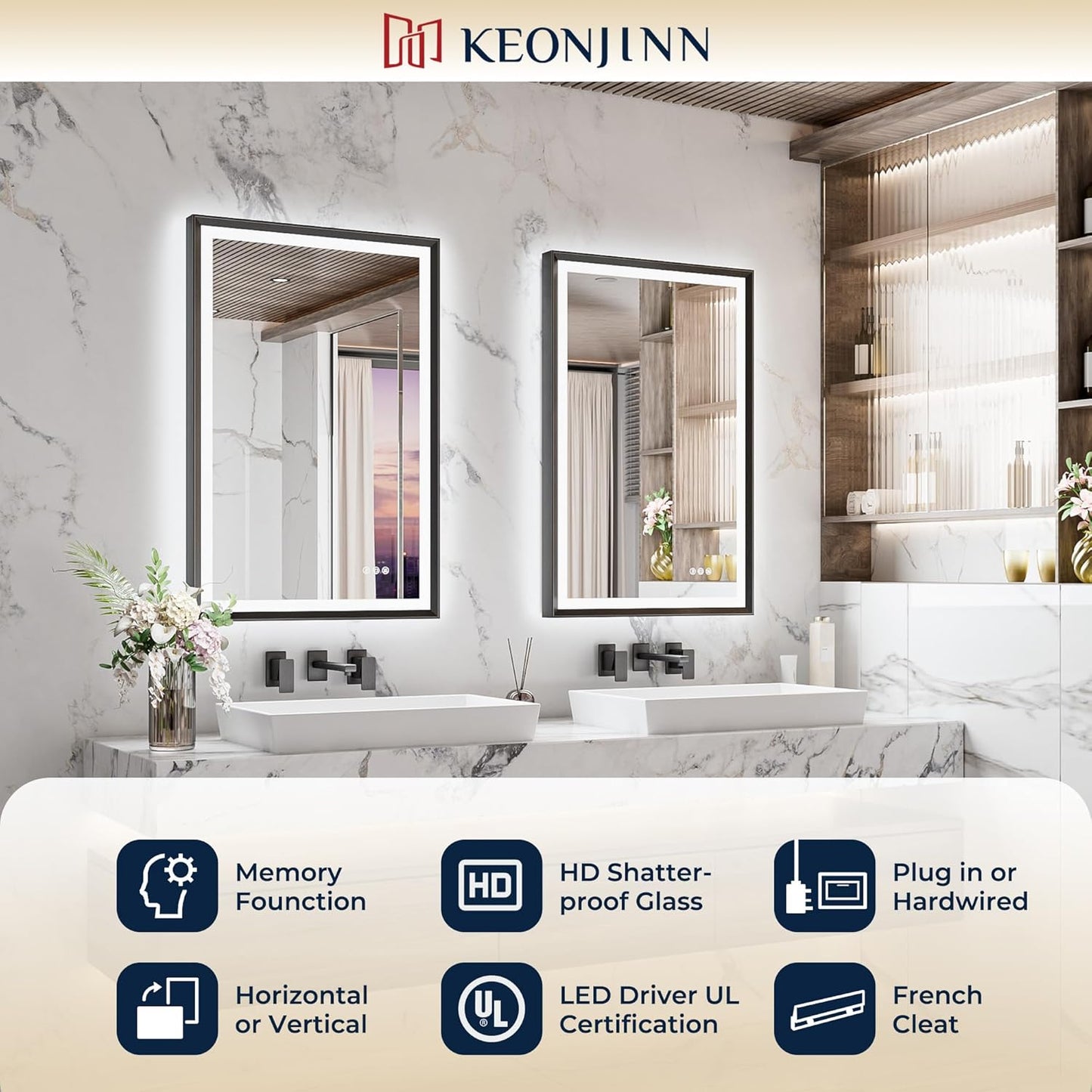 Keonjinn 72 x 36 Inch Bathroom Mirror with Frontlit & Backlit, Black Metal Framed Beveled Edge Mirror, Large LED Mirror with Anti Fog for Wall, Stepless 3-Color Temperatures, UL-Listed Driver