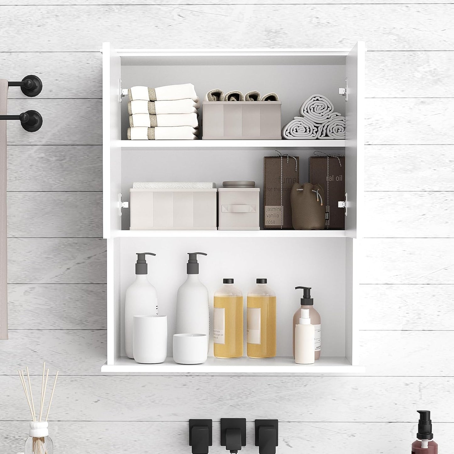 Bathroom Wall Cabinet Wooden with 2 Doors,Over the Toilet Storage Cabinet,Bathroom and Laundry Wall Mount Storage Medicine Cabinet with Open and Adjustable Shelf,Easy Assembly (Style B-1 PC, White)