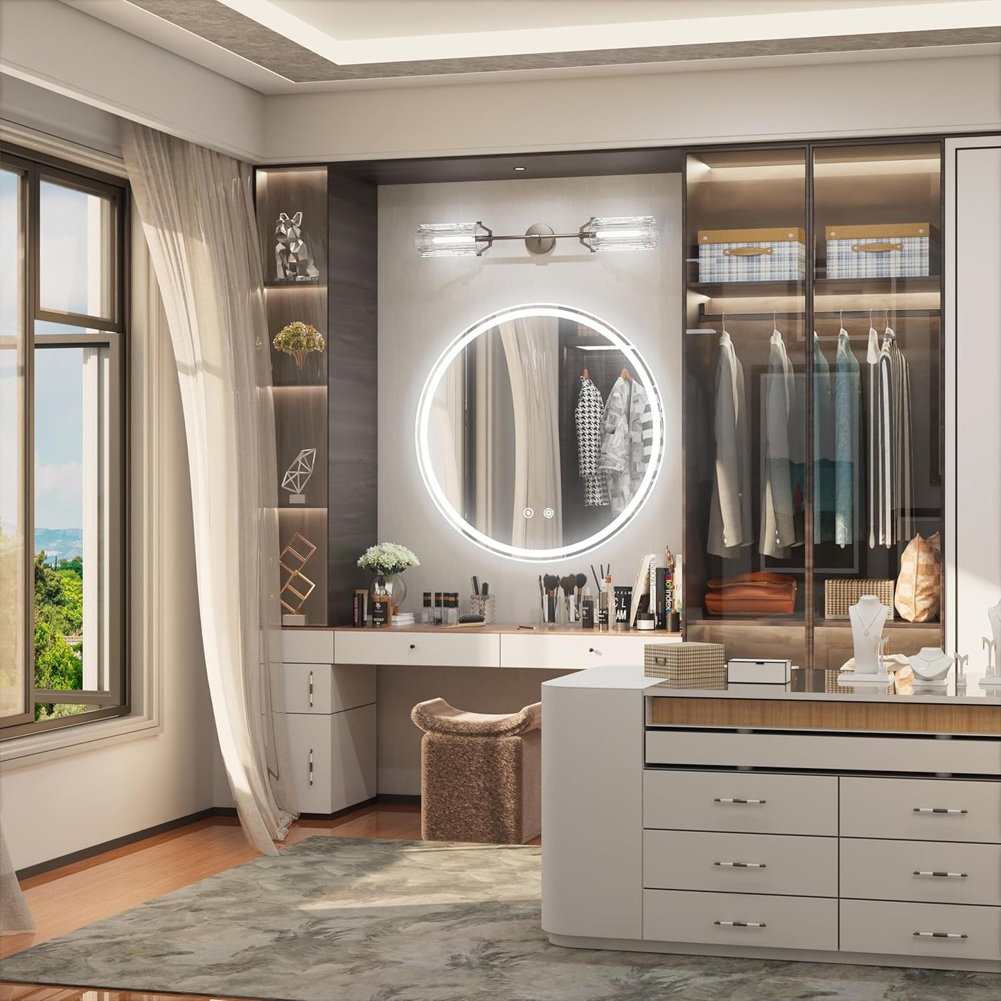 28-Inch Frameless Round LED Bathroom Mirror with Anti-Fog, Memory Function, Dimmable Front & Backlit Lights, 6000K Daylight, 5mm HD Glass, Touch Control