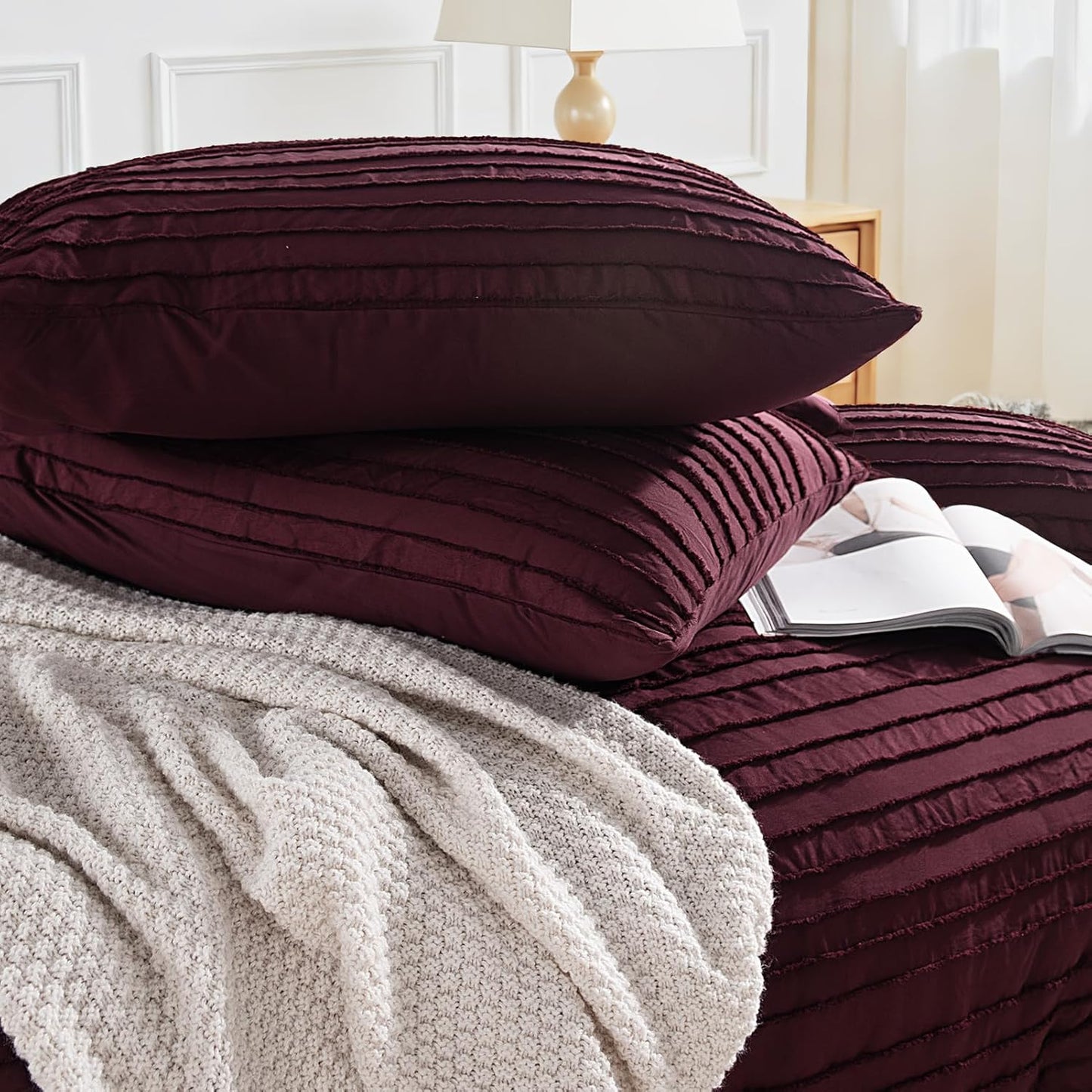 NEXHOME PRO Duvet Cover King Size, Blue 3 Pieces Boho Tufted Duvet Cover Set, Soft and Lightweight Microfiber Comforter Cover Set for All Season (Burgundy,104 x 90)-No Comforter