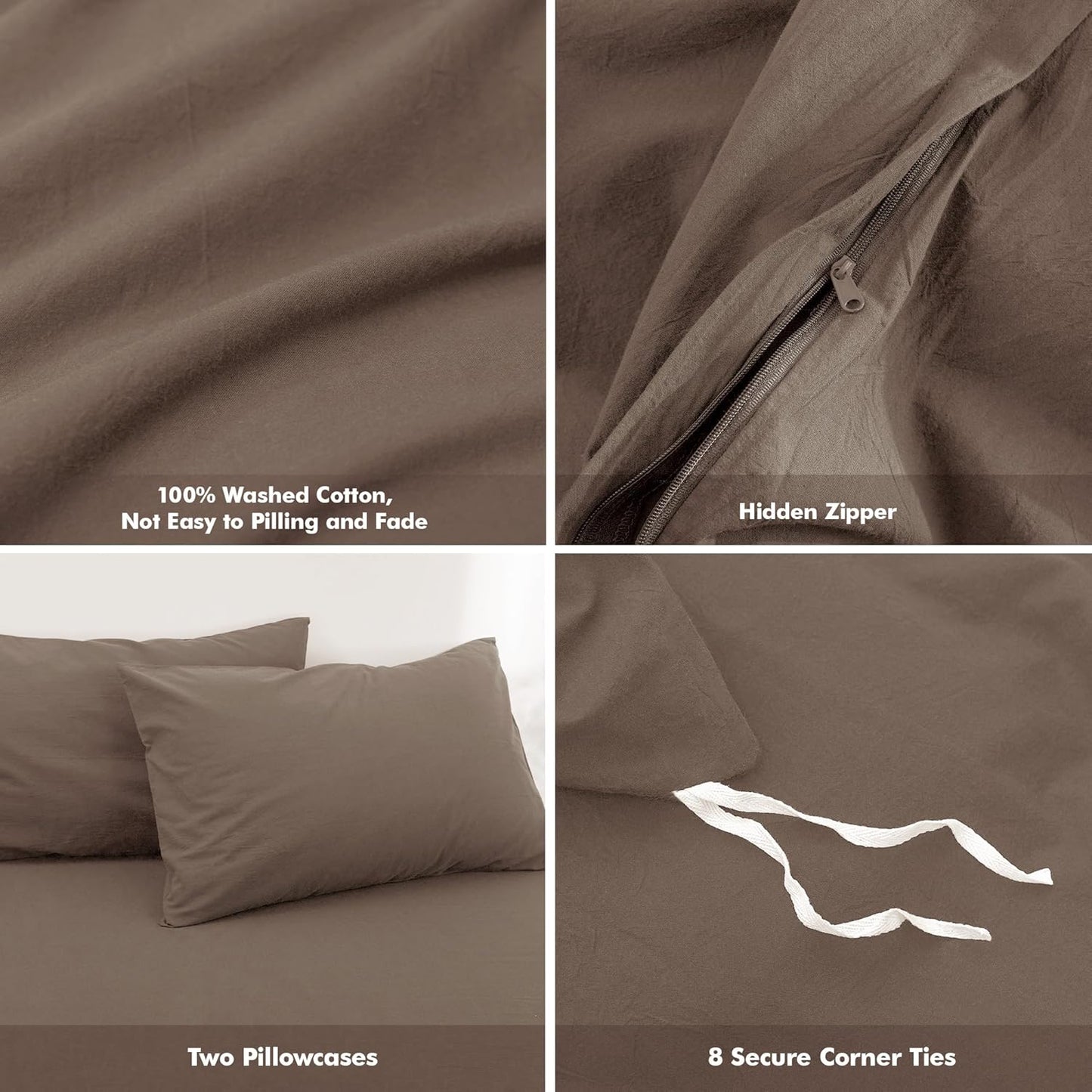 FOSSA Duvet Cover Set 100% Washed Cotton Linen Feel Super Soft Breathable Cozy 3 Pieces Bedding Sets Solid Pale Brown Oversized Queen