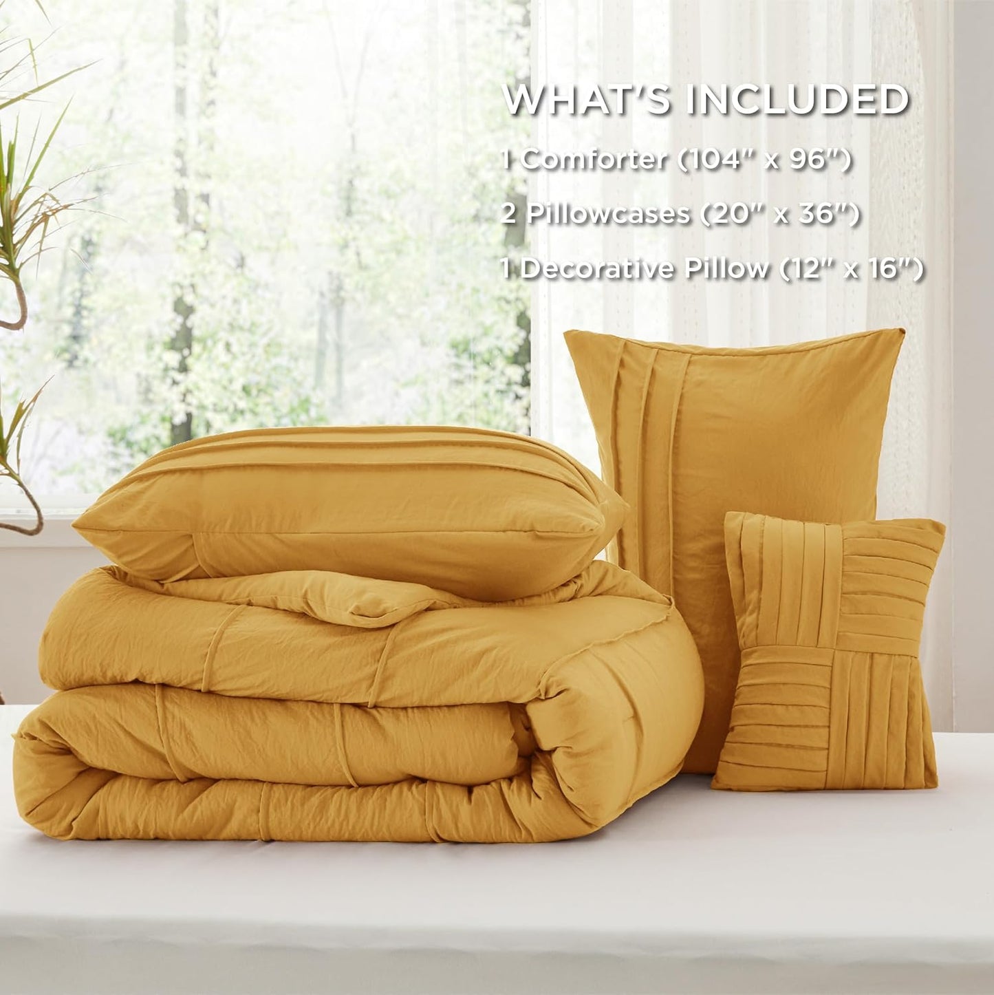Bedsure California King Comforter Set - 4 Pieces Pinch Pleat Bed Set, Mustard Yellow Boho Bedding for All Season, 1 Soft Comforter, 2 Pillowcases, 1 Decorative Pillow