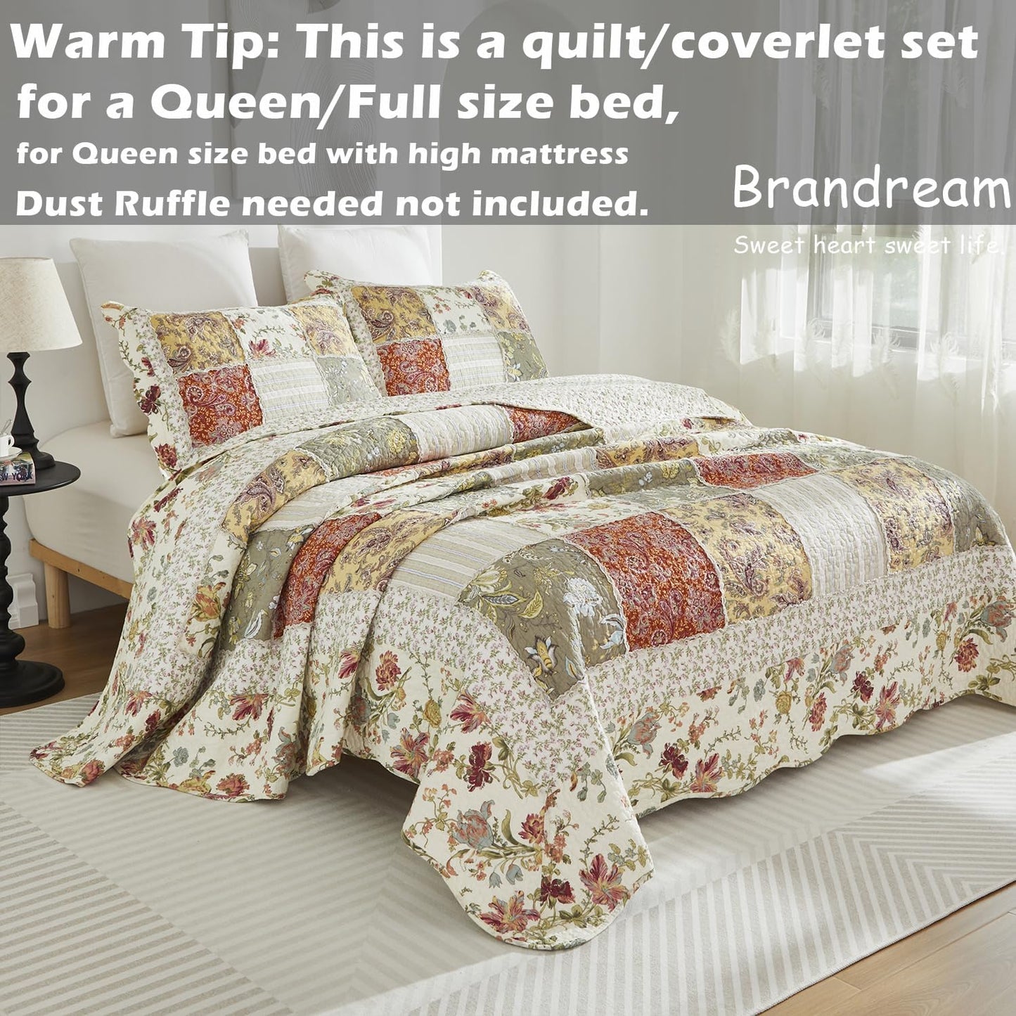 Brandream Queen Size Quilt Set Cotton Luxury Patchwork Quilts Vintage Farmhouse Quilted Comforter Set 3-Piece
