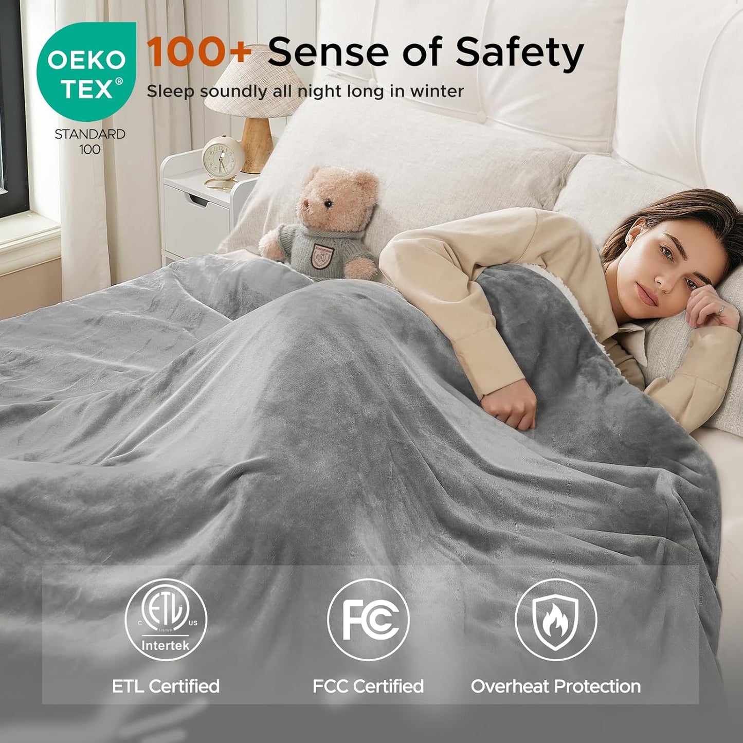 Heated Blanket 72"x84" Full Size, Dual-Sided with Soft Flannel & Sherpa Fabric, Electric Blanket with 9 Heating Levels & 2-10 Hours Auto Off, Machine Washable, Light Gray