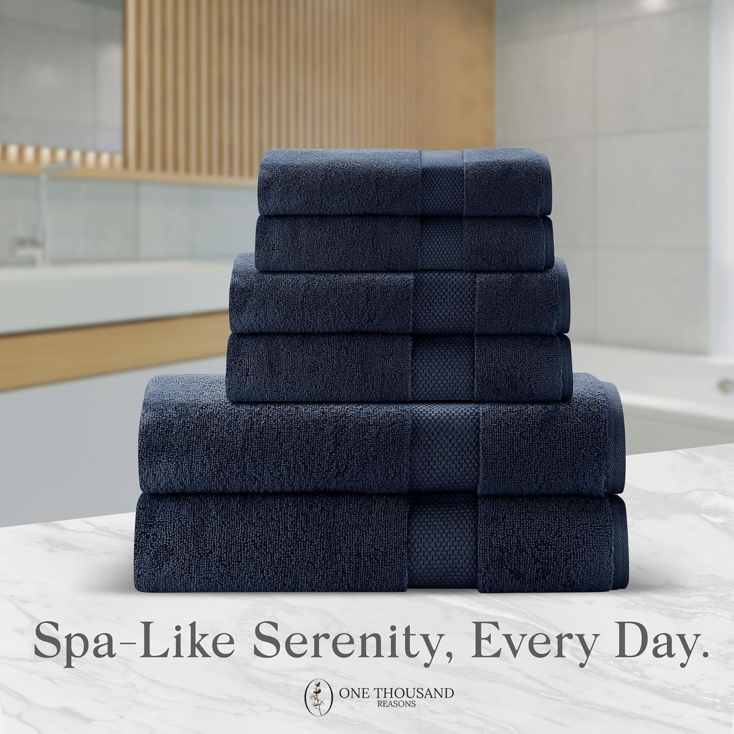 Premium Staple Cotton Bathroom Towel Set - Navy 600 GSM 6-Piece Luxury Bath Towel Set 1 Stripe - 2 Bath Towels, 2 Hand Towels & 2 Washclothes Set - High Absorbent & Quick Dry for Gym, Spa, Hotel
