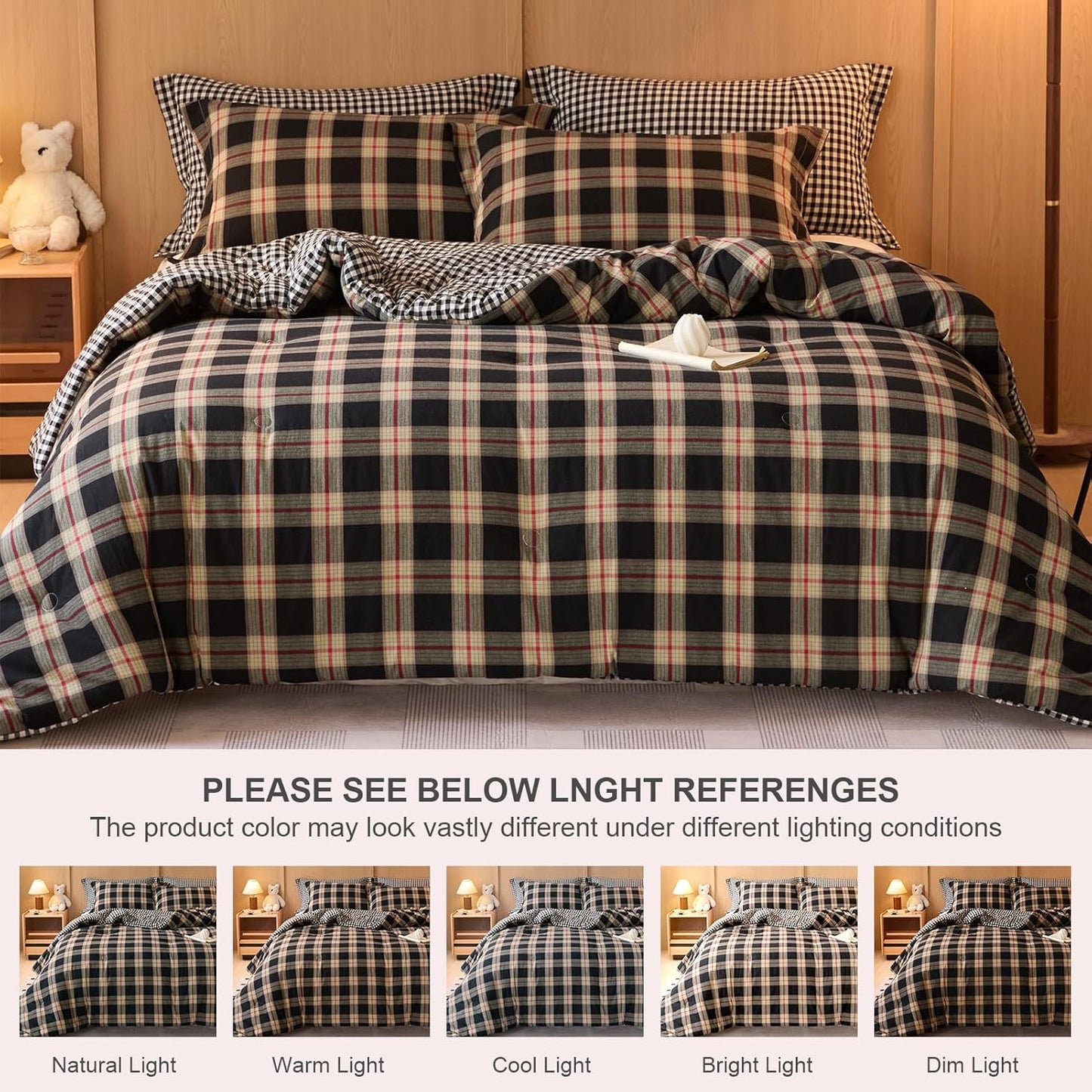 100% Cotton Comforter Set King Size – Reversible Yarn-Dyed Checkered Design, Soft Washed Cotton on Both Sides, Lightweight All-Season Bedding, Machine Washable(Black Red Plaid, 104”x90”)