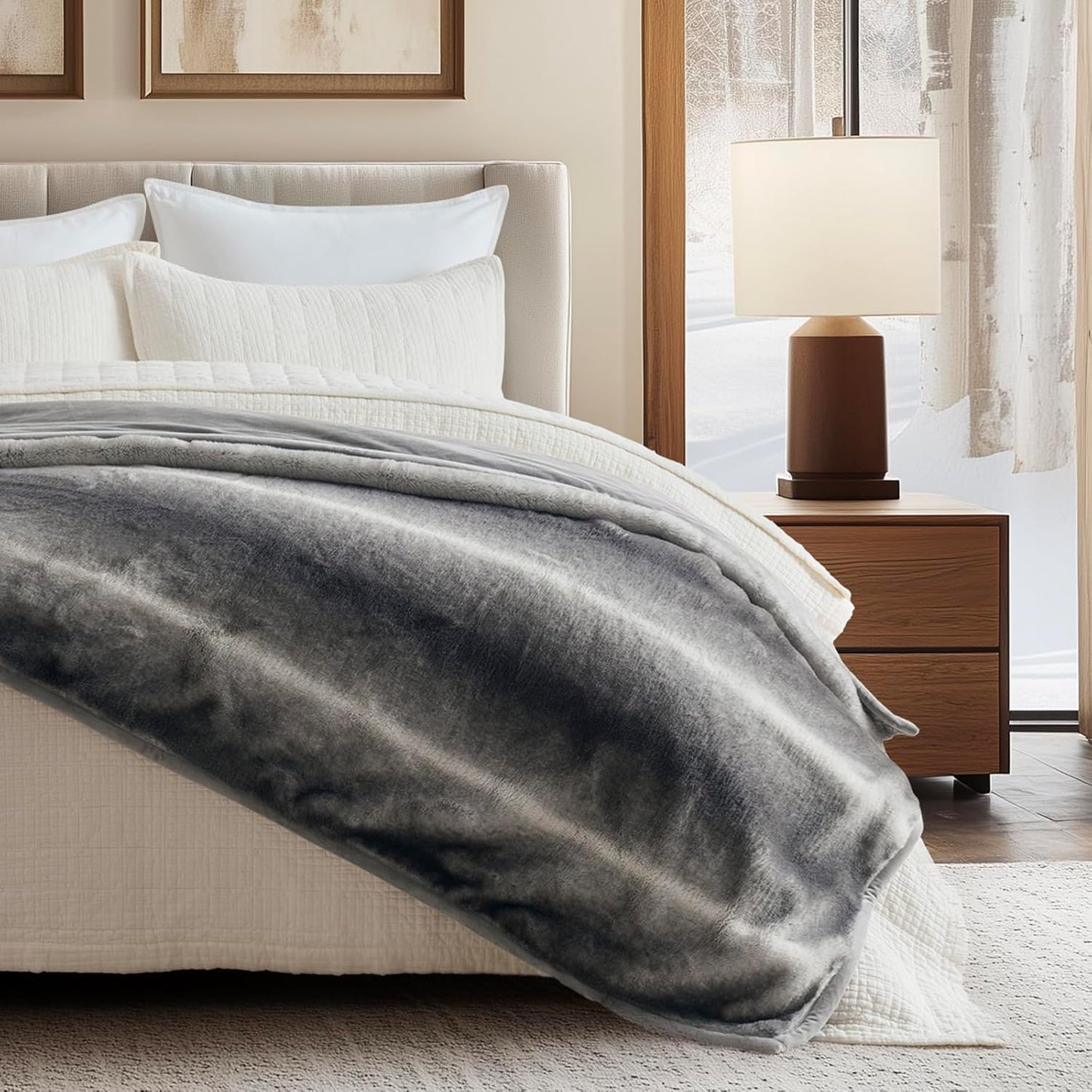 EVERGRACEHOME Ultra Soft Luxury Fluffy Mink Faux Fur Throw Blanket, Thick Warm Fall Winter Blankets for Bed, Couch, Cozy Plush Reversible Blanket for Chair, Sofa (Ombré Silver Onyx, 50"x60")