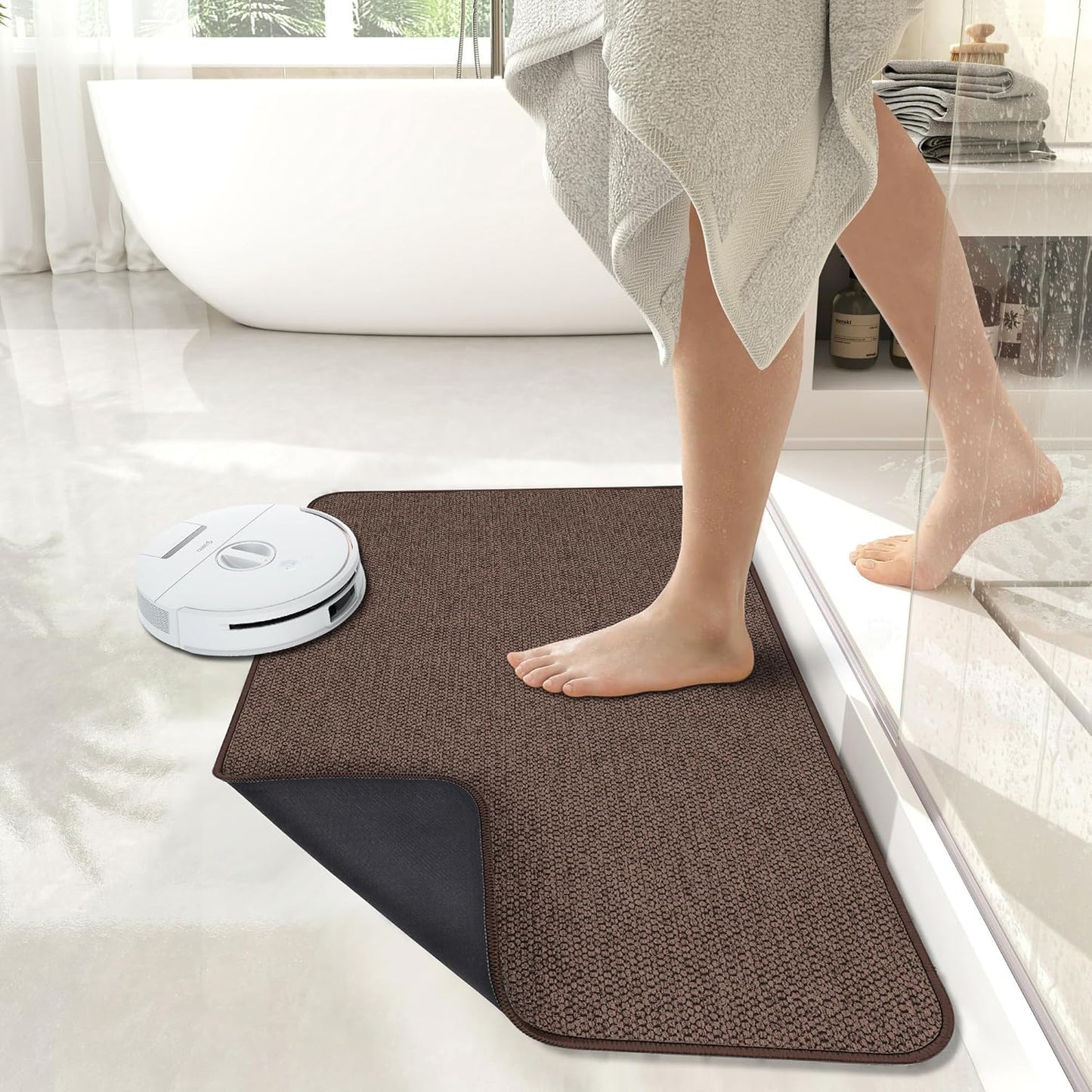 Bath Mat,Ultra Thin Bathroom Runner Rugs,Large Bath Mats for Bathroom,Quick Dry,Non-Slip,Machine Washable,Low Pile,Bath Rug,Shower Outside,Sink,Home Decor Accessories.Brown,1'5"x2'11"(17x35inch)