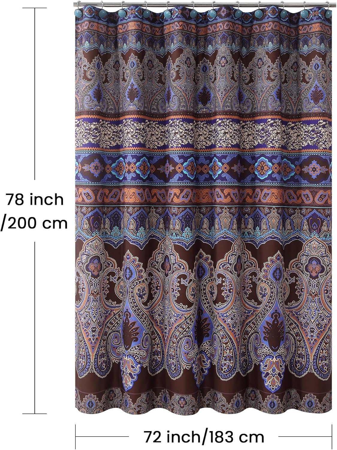 Boho Shower Curtain 78 Inches Long, Brown and Blue Bohemian Paisley Pattern Fabric Shower Curtains for Bathroom, Decorative Waterproof Bathroom Curtains, 72" W x 78" H