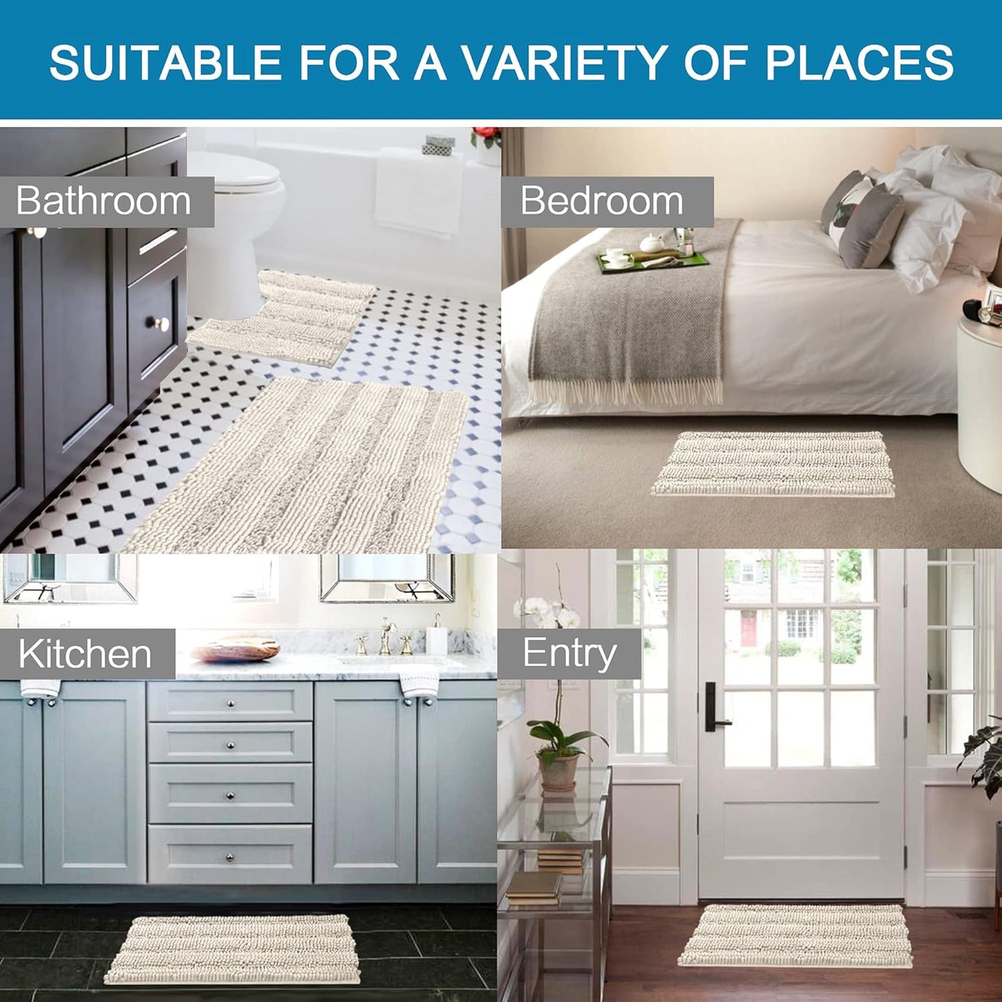 H.VERSAILTEX Bathroom Rugs Bath Rug Set 2 Piece Bathroom Contour Rug Toilet Mat Sets Non Slip Contour Bath Rug Ultra Thick Water Absorbent Striped Bath Mats Washable(36" x 24" Plus 20" x 24" U, Ivory)