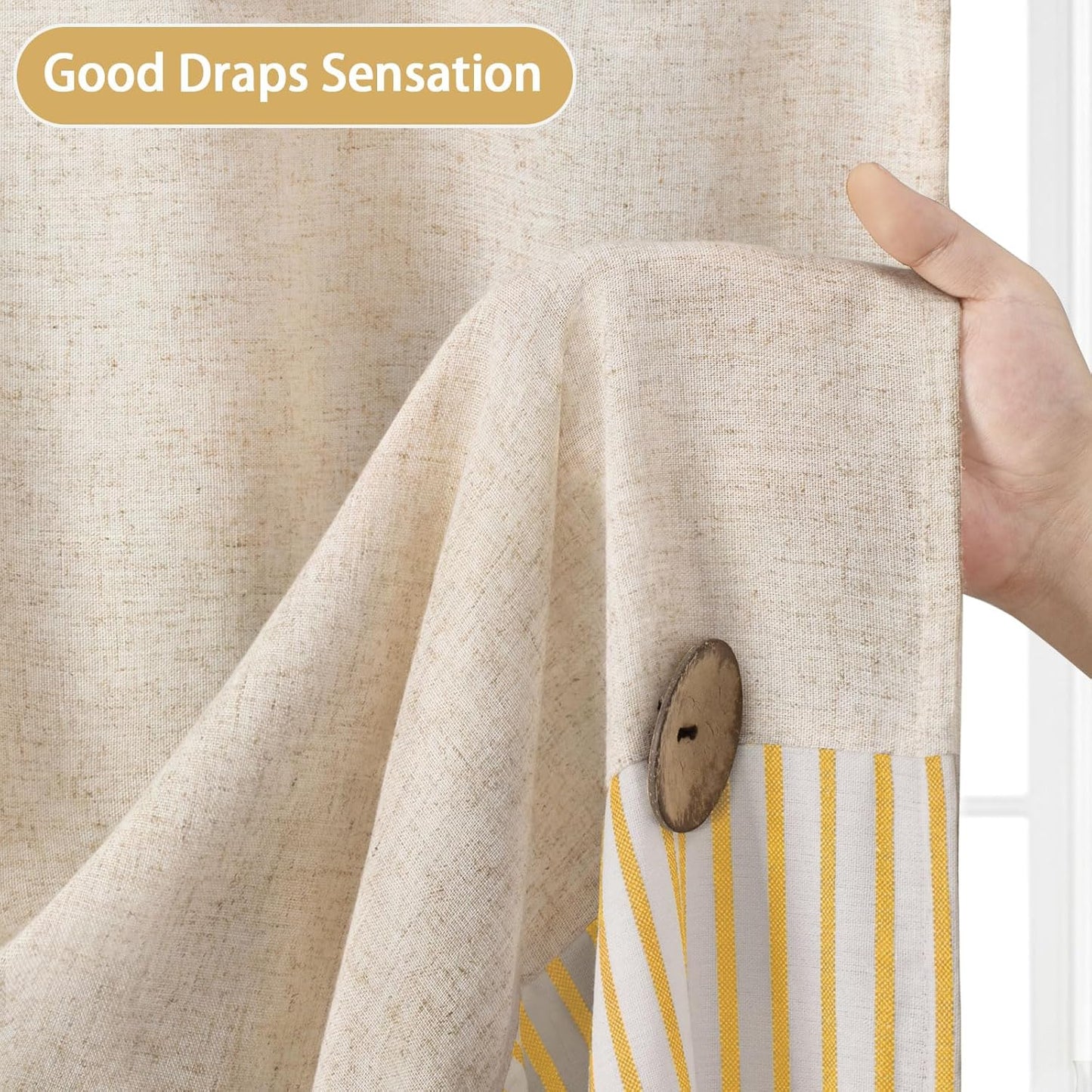 Farmhouse Shower Curtain Linen Button Woven Fabric Country Rustic Western, Pleated Yellow Stripe 72" W x 72" L
