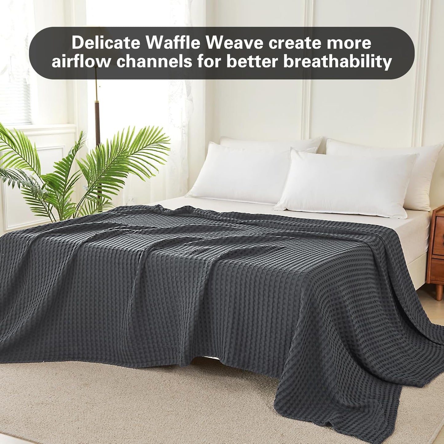 Aganear Waffle Blanket - Lightweight Breathable Summer Blanket of 50% Cotton and 50% Rayon Derived from Bamboo for Hot Sleepers Luxury Throws for Bed, Couch and Sofa,Dark Grey,90x90 Inches