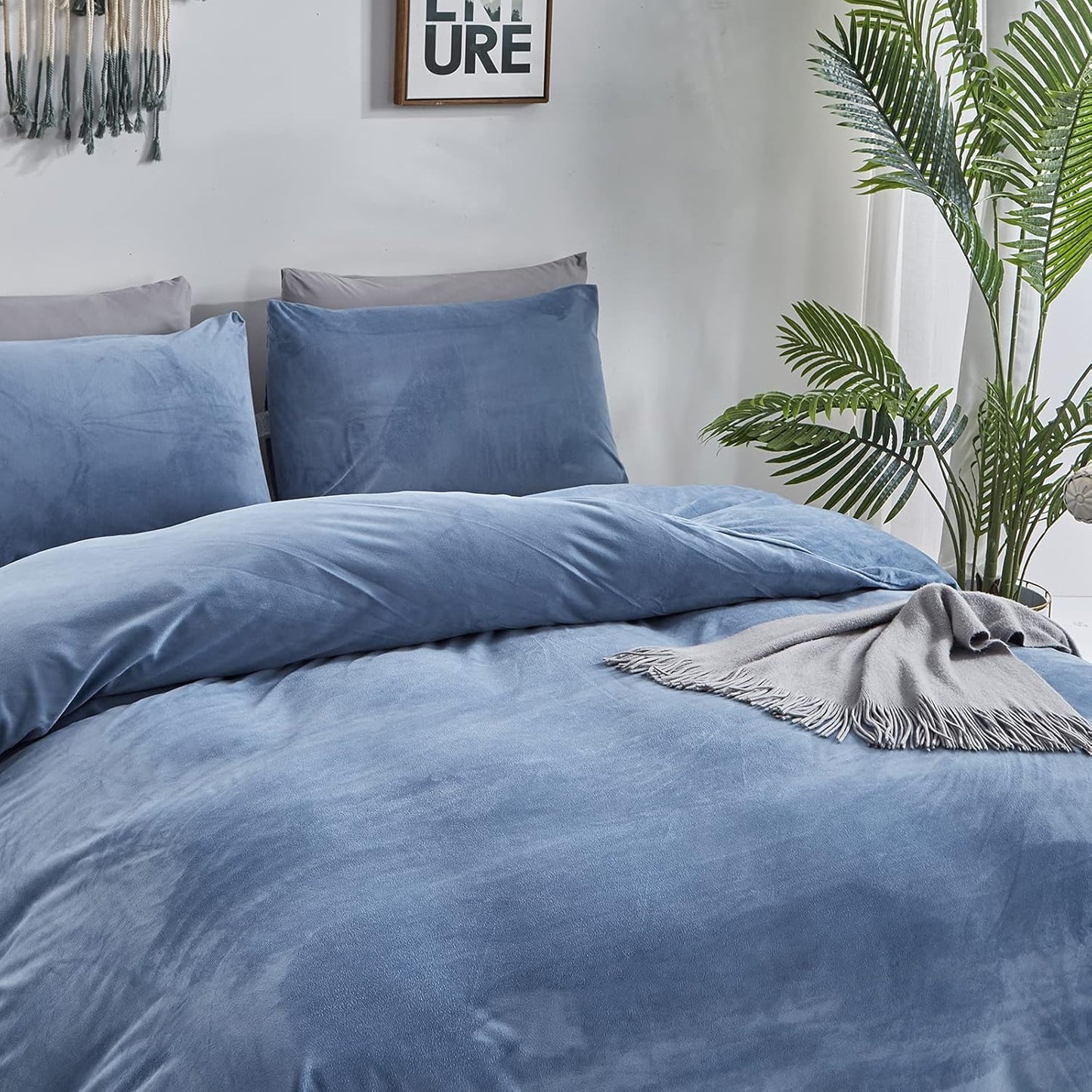 Cottonight Blue Velvet Comforter Full Size Bright Flannel Bedding Plain Lake Blue Winter Quilts Modern Heavyweight Warm 3 Piece Comforter Set for Full Bed