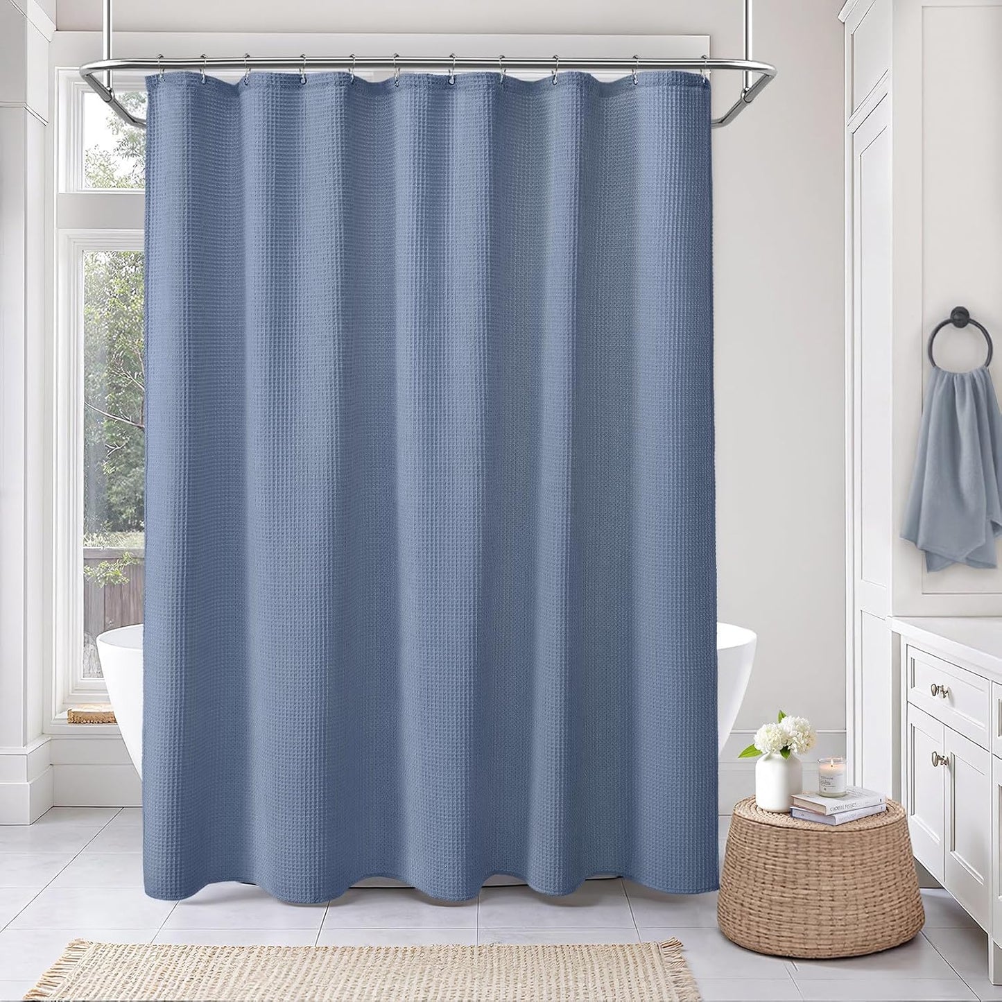 Waffle Weave Shower Curtain - Moonlight Blue Cotton Fabric Texture Heavyweight Shower Curtain for Bathroom,Washable,72Wx75L