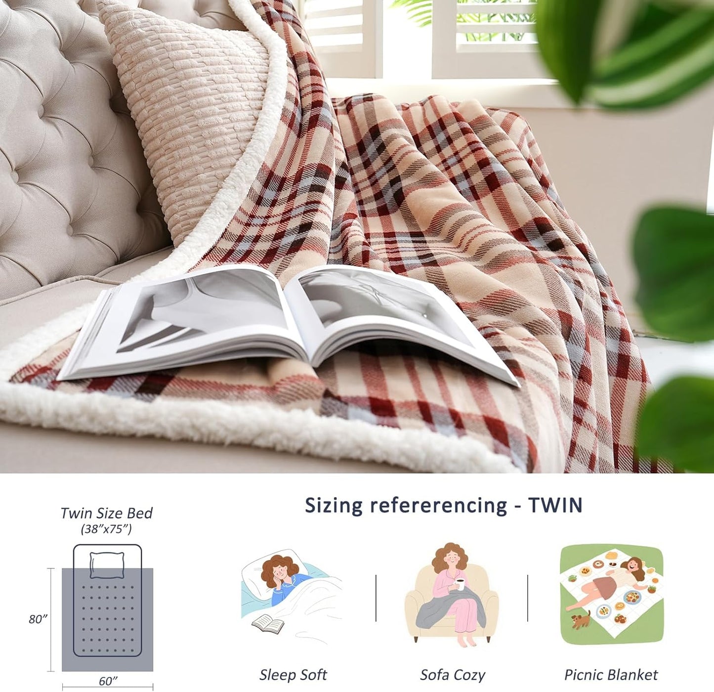 Sherpa Blanket Throw Blanket for Couch Sherpa Fleece Blanket Fluffy Checkered Soft Blanket for All Season Use Cozy Thick Warm Big Throws (Beige-Plaid, 80"*90")