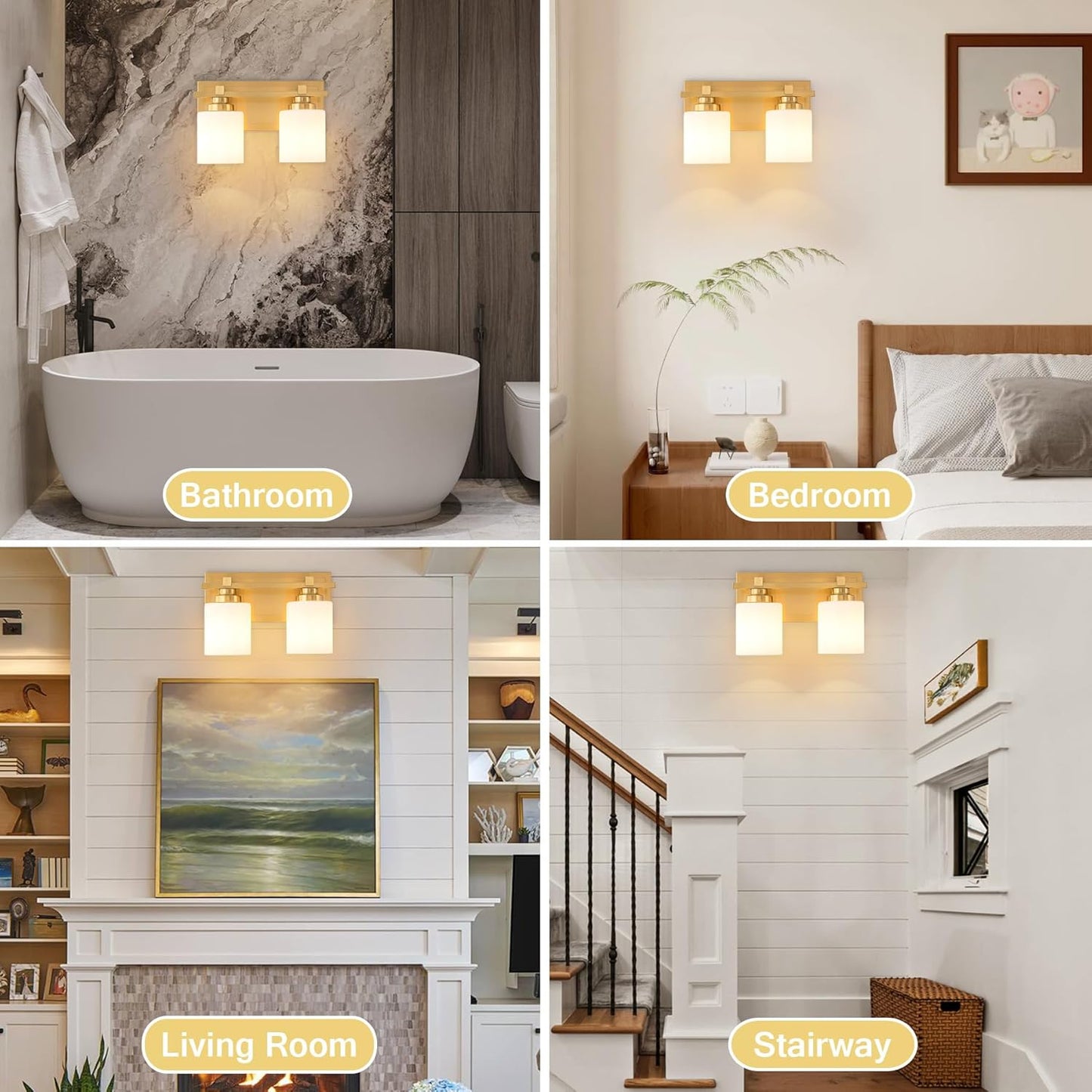 2 Light Modern Bathroom Light Fixtures Over Mirror, Brass Finish Vanity Lights for Bathroom Wall Sconces with Milky White Glass Shades, E26 Socket (Bulbs Not Included)