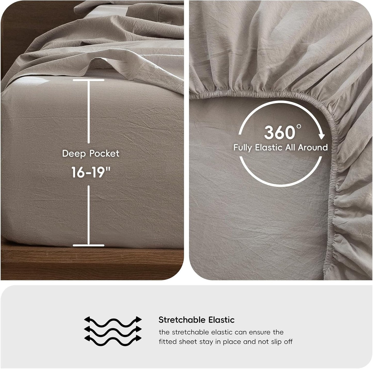 MooMee Bedding Sheet Set 100% Washed Cotton Linen Like Textured Breathable Durable Soft Comfy (Heathered Cream Grey, Queen)