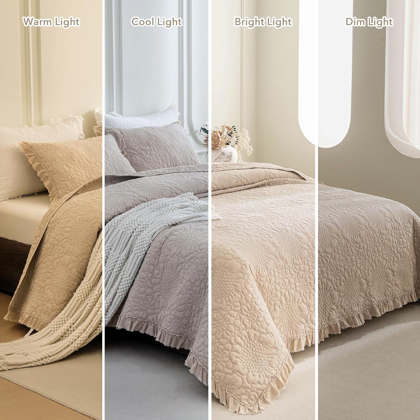 QSH 3PCs Dark Wheat Ruffled Quilt Queen Size (90"x98"),Stonewashed Cotton Quilt Set, Soft Lightweight Crinkled Bedspread Coverlet Queen Shabby Farmhouse Chic Bedspreads Bedding Set with Pillow Shams