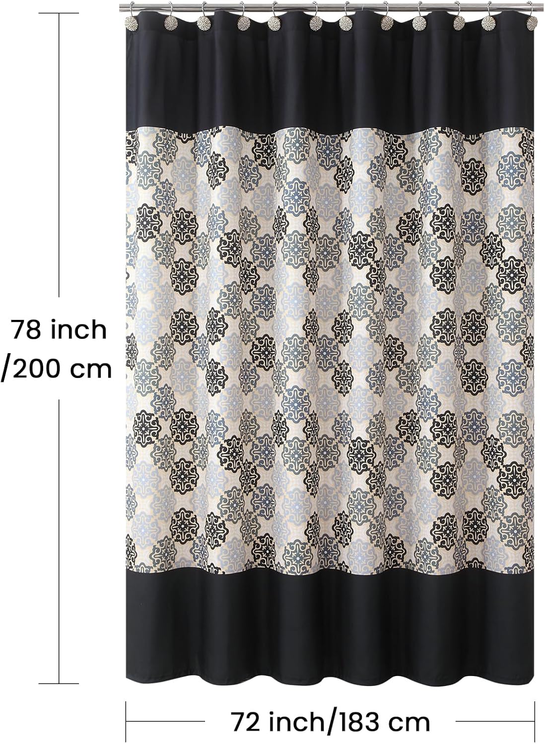 Fabric Shower Curtain 78 Inches Long, Black Beige Grey Boho Medallion Print Shower Curtains for Bathroom, 72" W x 78" H
