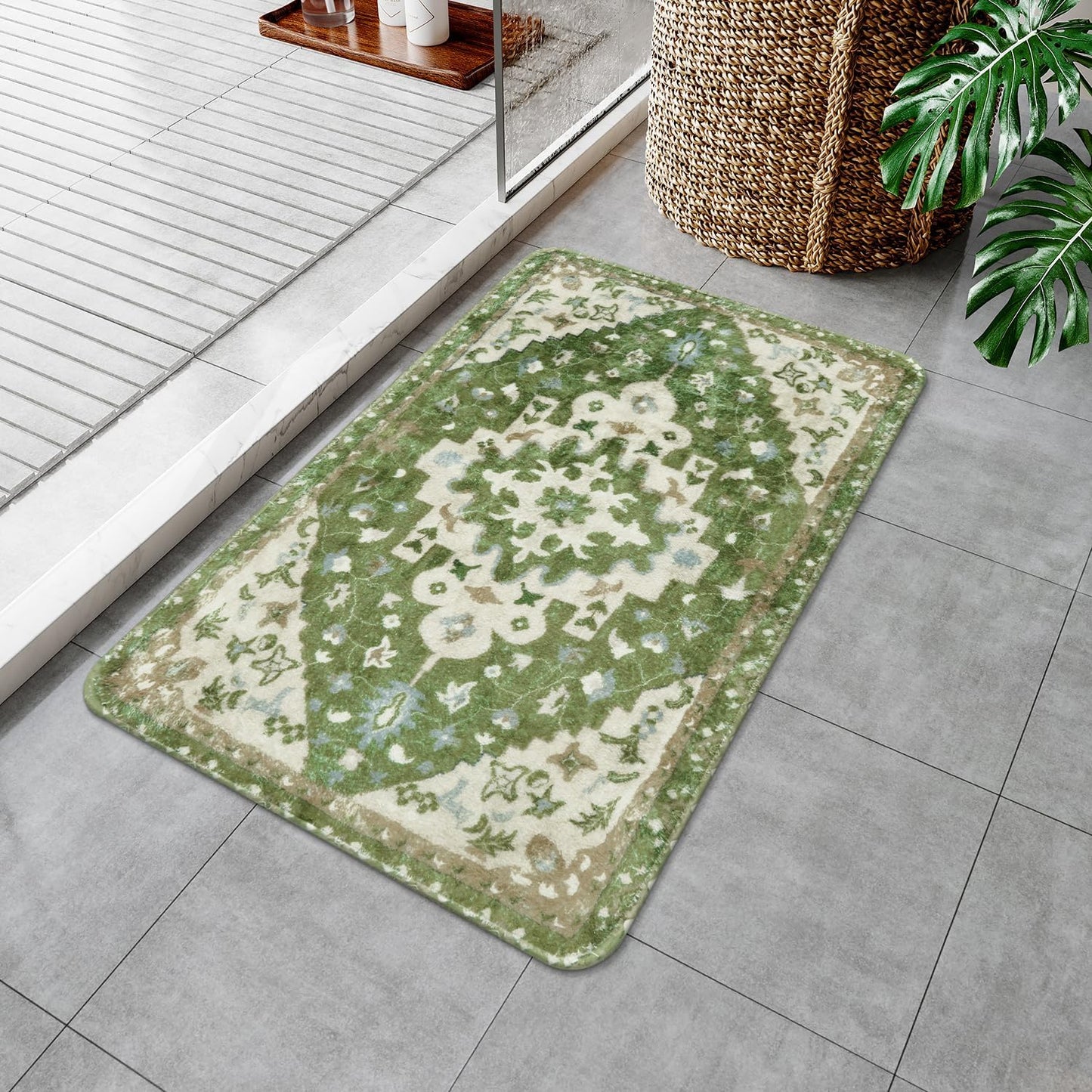 Uphome Vintage Tribal Bath Mat Sage Green Boho Non-Slip Bathroom Rug Oriental Soft Machine Washable Bathroom Mat Cute Aesthetic Floral Bath Mats for Bathroom Decor for Sink Tub Door Mat, 18x25 inch