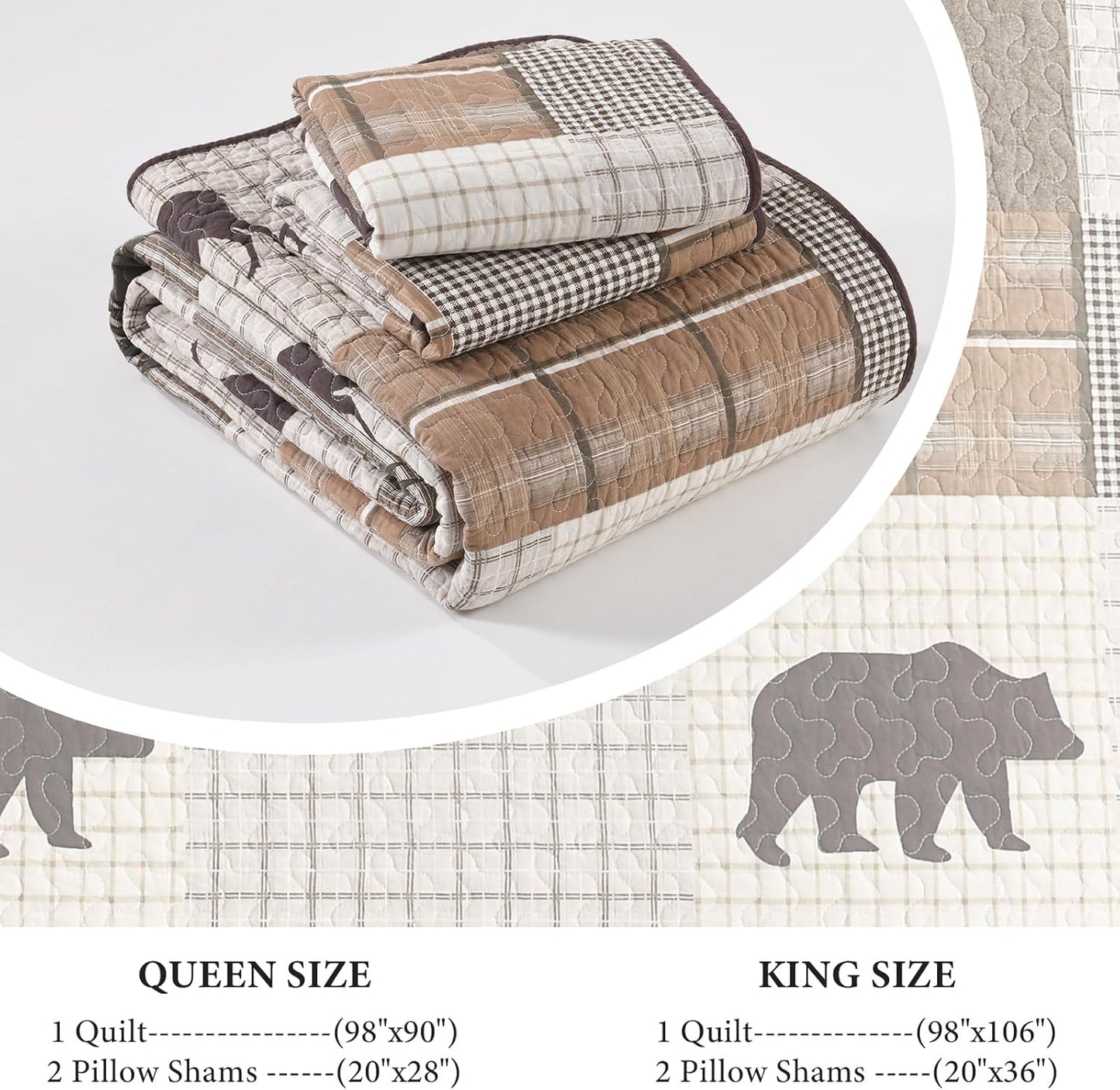 Uniclinens 100% Cotton Quilts Queen Size - Farmhouse Cabin Lodge Bear Deer Tree Quilt Set, Soft Patchwork Plaid Bedspreads Lightweight Quilted Comforter with 2 Pillow Shams, Green/Brown/Cream
