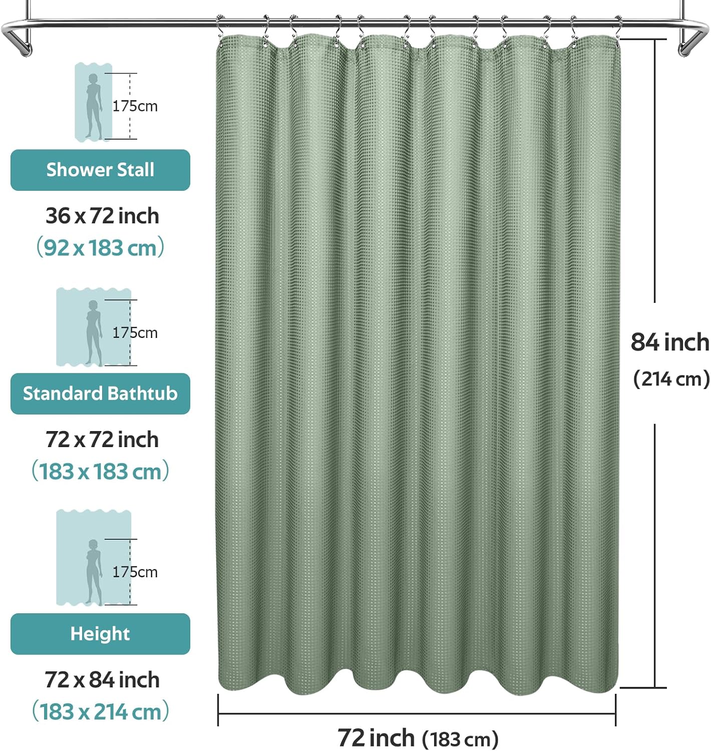 3 in 1 Shower Curtain Set, Waffle Shower Curtain and Liner Set with 12 Double Sided Shower Curtain Hooks, 258GSM Luxury Weighted Cloth Shower Curtains for Bathroom, 72 W x 84 H, Sage Green