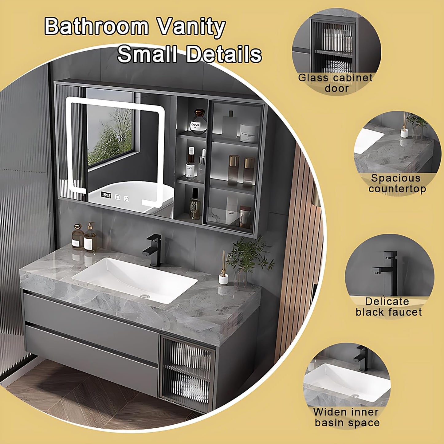 White 44IN Modern Bathroom Vanity - Wall-Mounted Bathroom Storage Cabinet & Bathroom Vanity with Sink, Bathroom Medicine Cabinet Wall Mounted, Defogging & Led Lighting | Bathroom Cabinet Slim